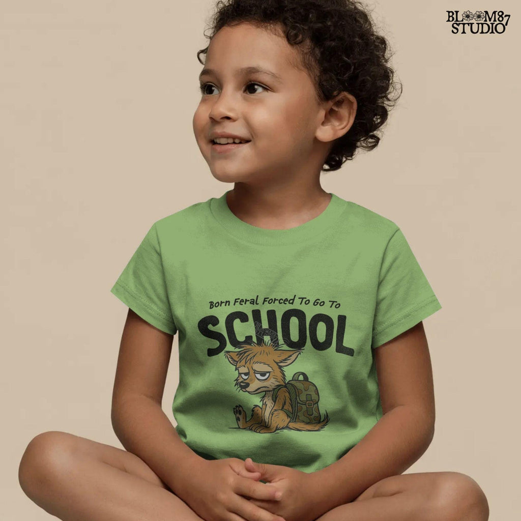 Funny cartoon wolf with camo backpack sitting tired, themed for kids back to school with wild and hunting humor vibe.