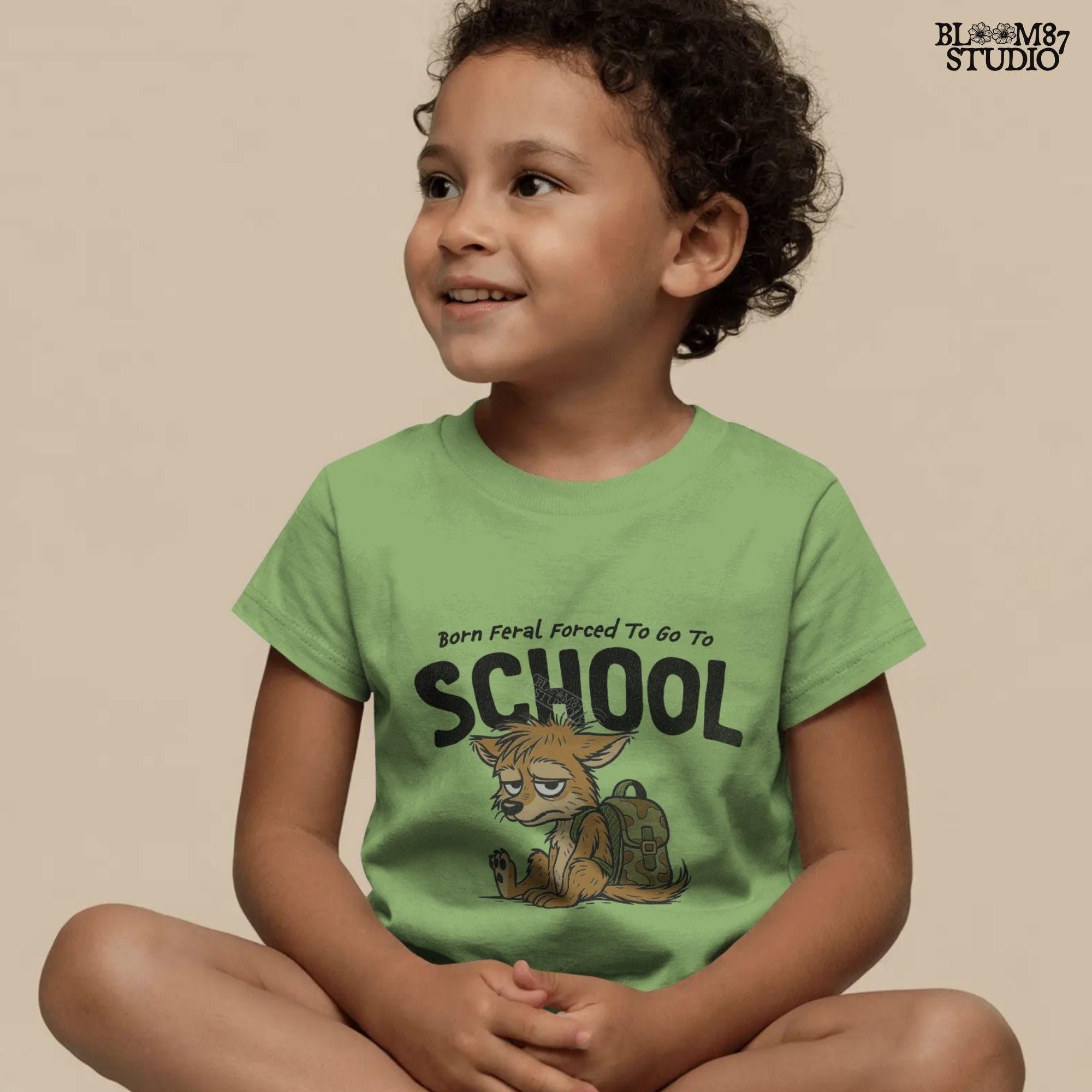 Funny cartoon wolf with camo backpack sitting tired, themed for kids back to school with wild and hunting humor vibe.