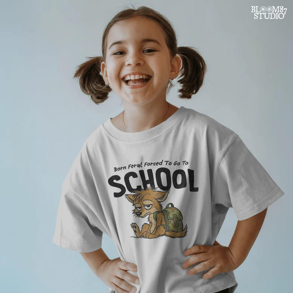 Funny cartoon wolf with camo backpack sitting tired, themed for kids back to school with wild and hunting humor vibe.