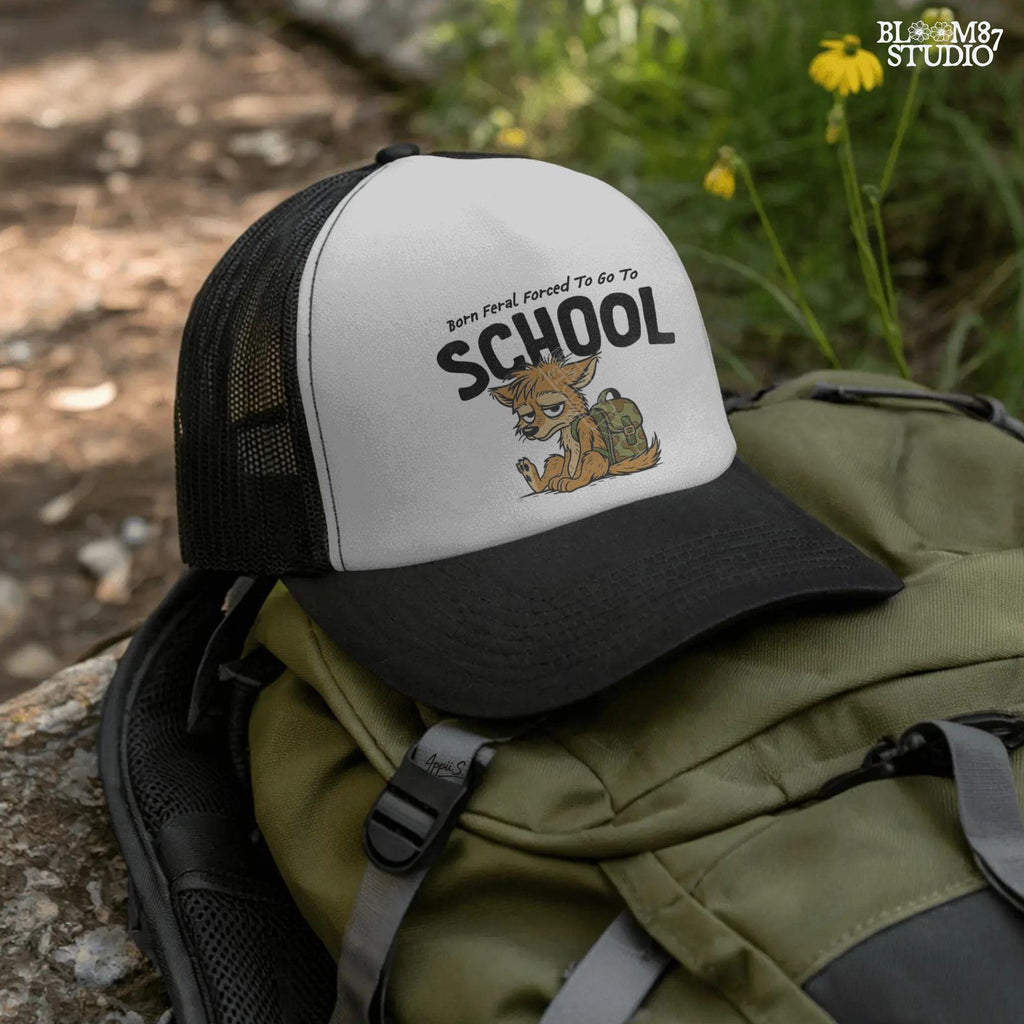 Funny cartoon wolf with camo backpack sitting tired, themed for kids back to school with wild and hunting humor vibe.