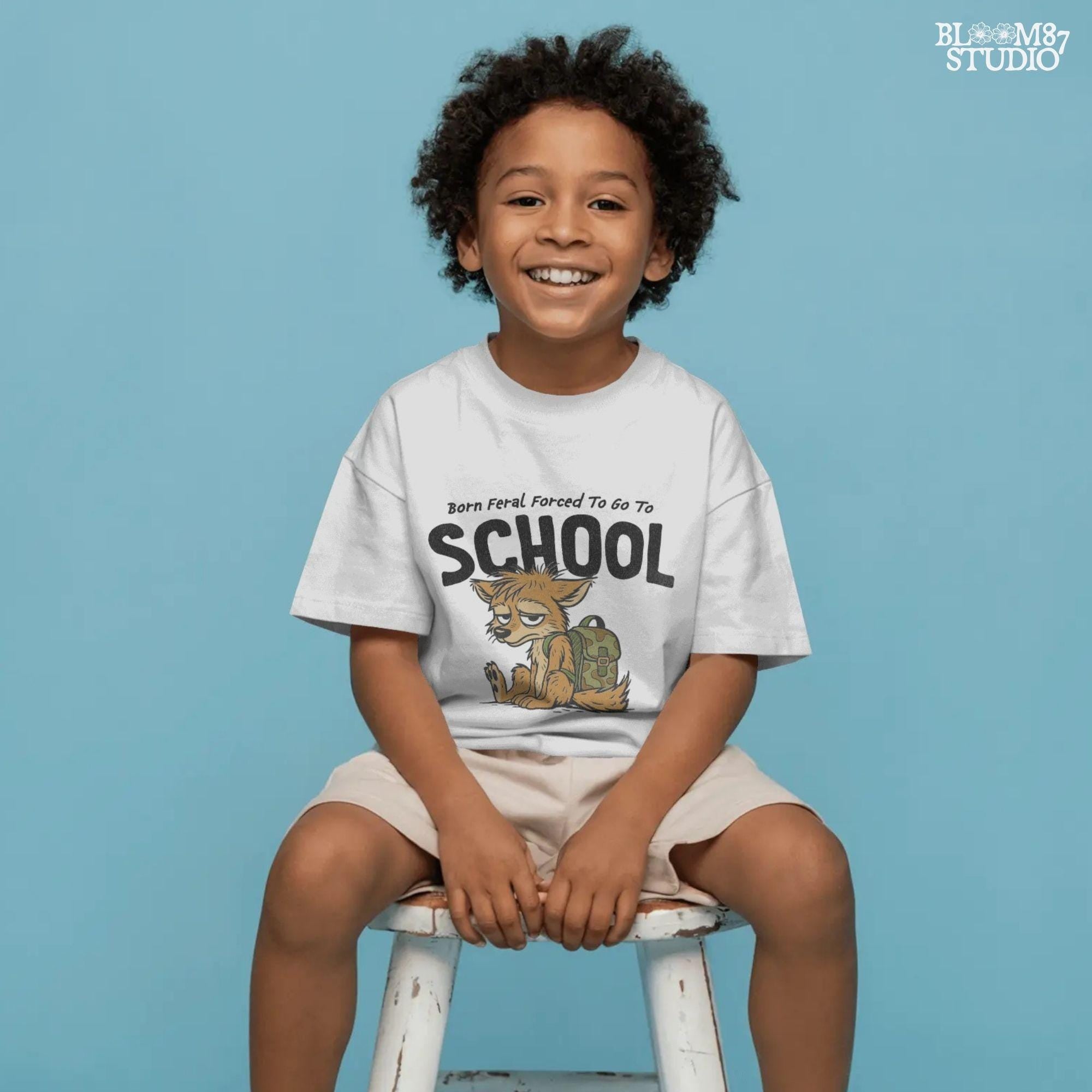 Funny cartoon wolf with camo backpack sitting tired, themed for kids back to school with wild and hunting humor vibe.