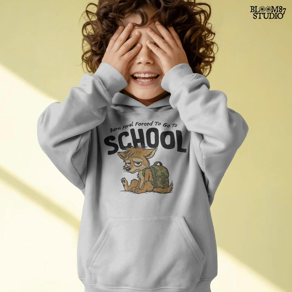 Funny cartoon wolf with camo backpack sitting tired, themed for kids back to school with wild and hunting humor vibe.