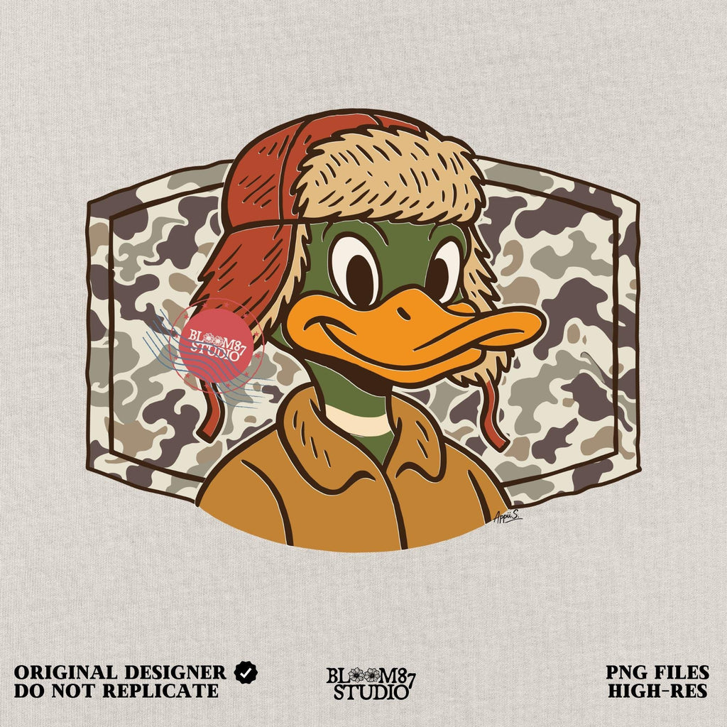 Cartoon duck in a trapper hat and camo jacket, kid-friendly hunting design with autumn theme, suitable for back to school sublimation.