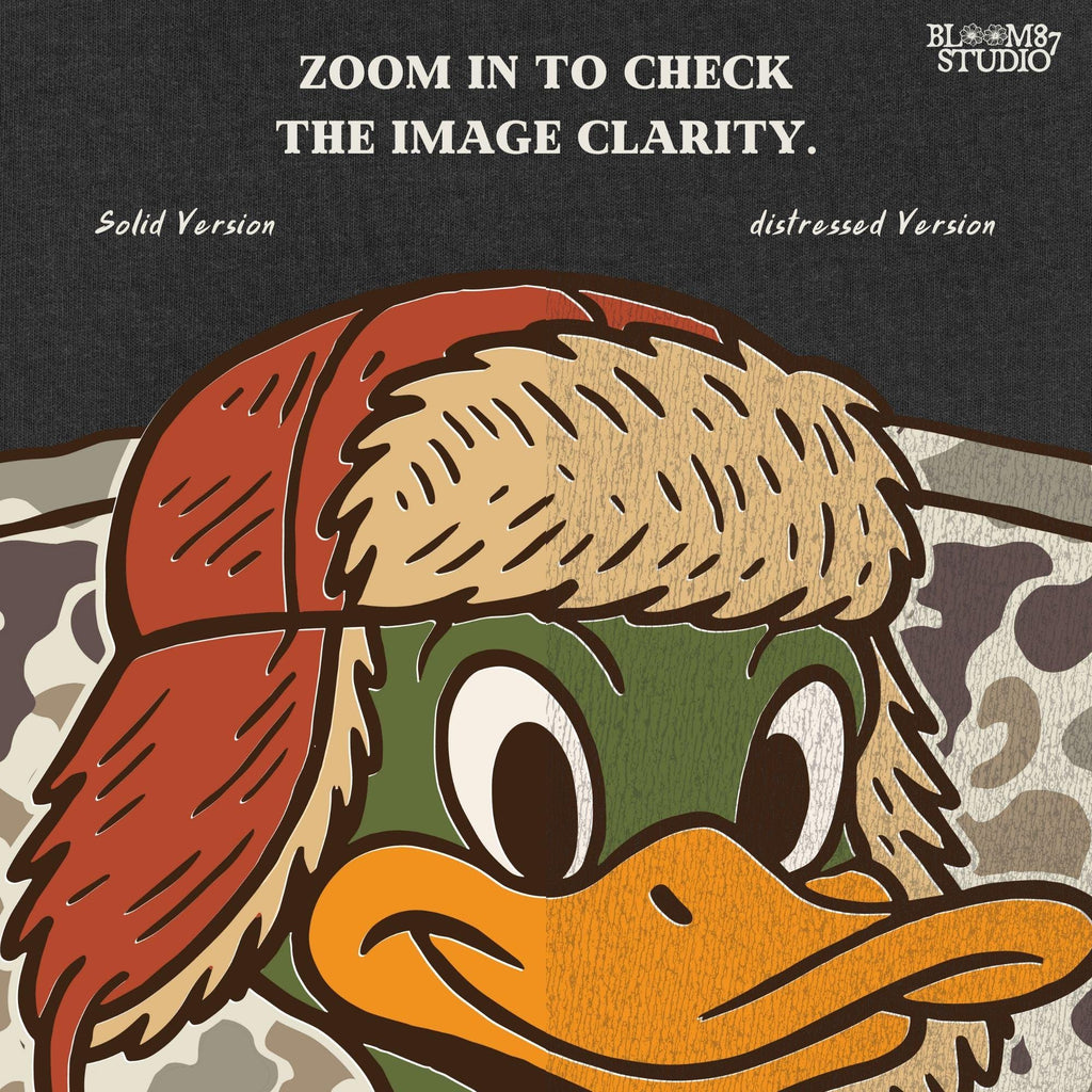 Cartoon duck in a trapper hat and camo jacket, kid-friendly hunting design with autumn theme, suitable for back to school sublimation.