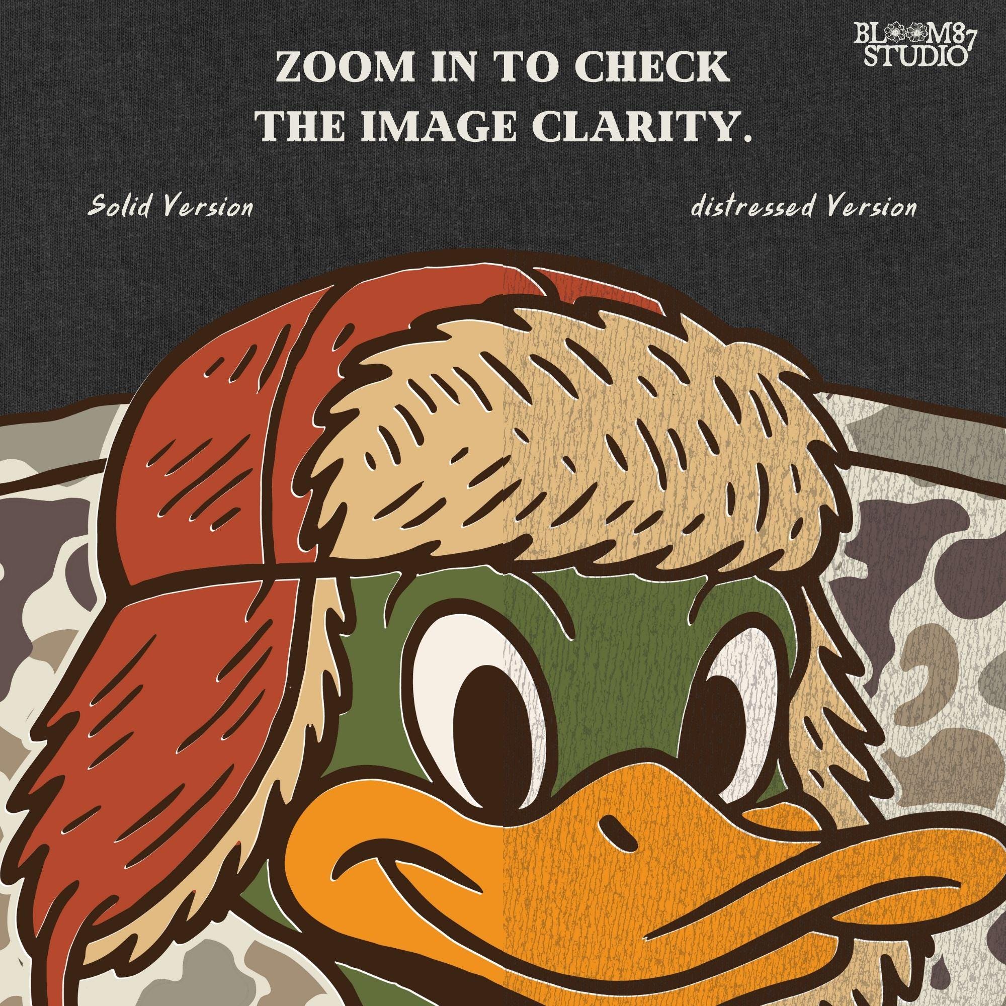 Cartoon duck in a trapper hat and camo jacket, kid-friendly hunting design with autumn theme, suitable for back to school sublimation.