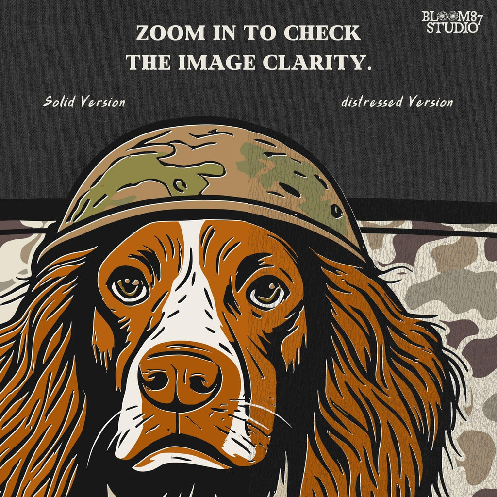 Illustration of a military hunting dog in camo vest and helmet, standing in front of a camouflage shield background, PNG for sublimation use