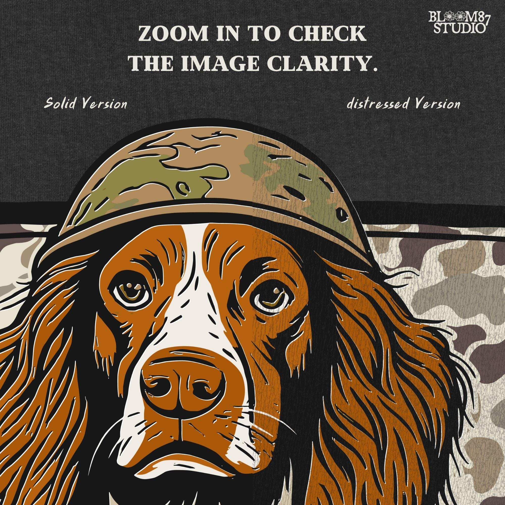 Illustration of a military hunting dog in camo vest and helmet, standing in front of a camouflage shield background, PNG for sublimation use