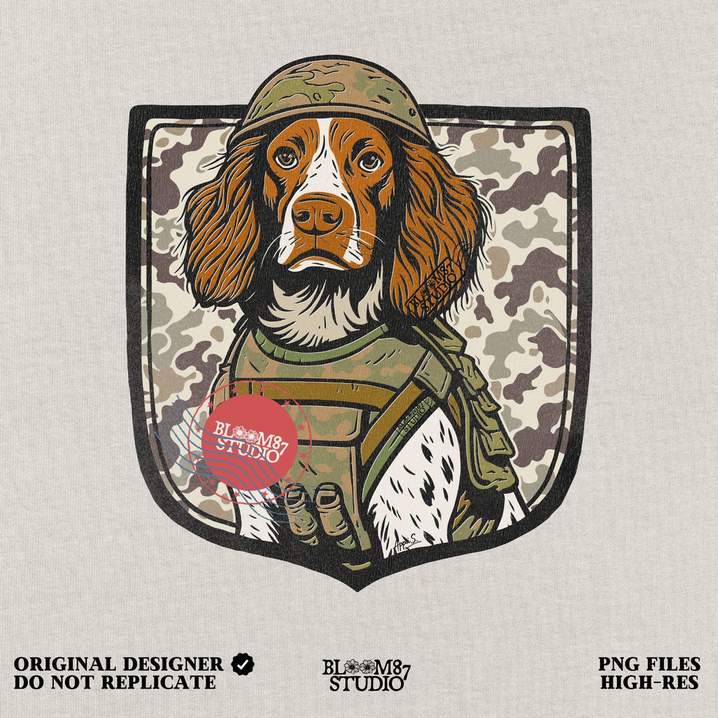 Illustration of a military hunting dog in camo vest and helmet, standing in front of a camouflage shield background, PNG for sublimation use