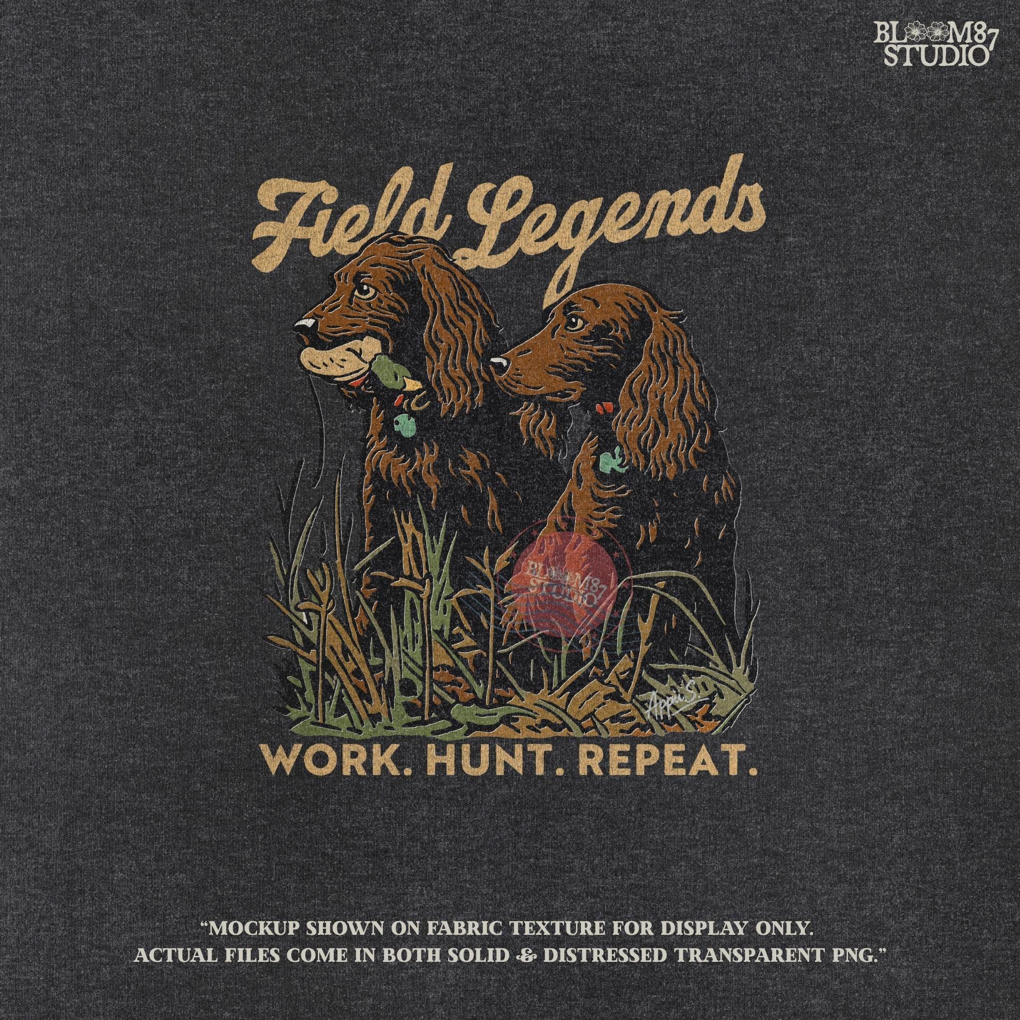 Vintage-style illustration of two retriever hunting dogs sitting in tall grass with text “Field Legends” and “Work. Hunt. Repeat.” – PNG for sublimation use