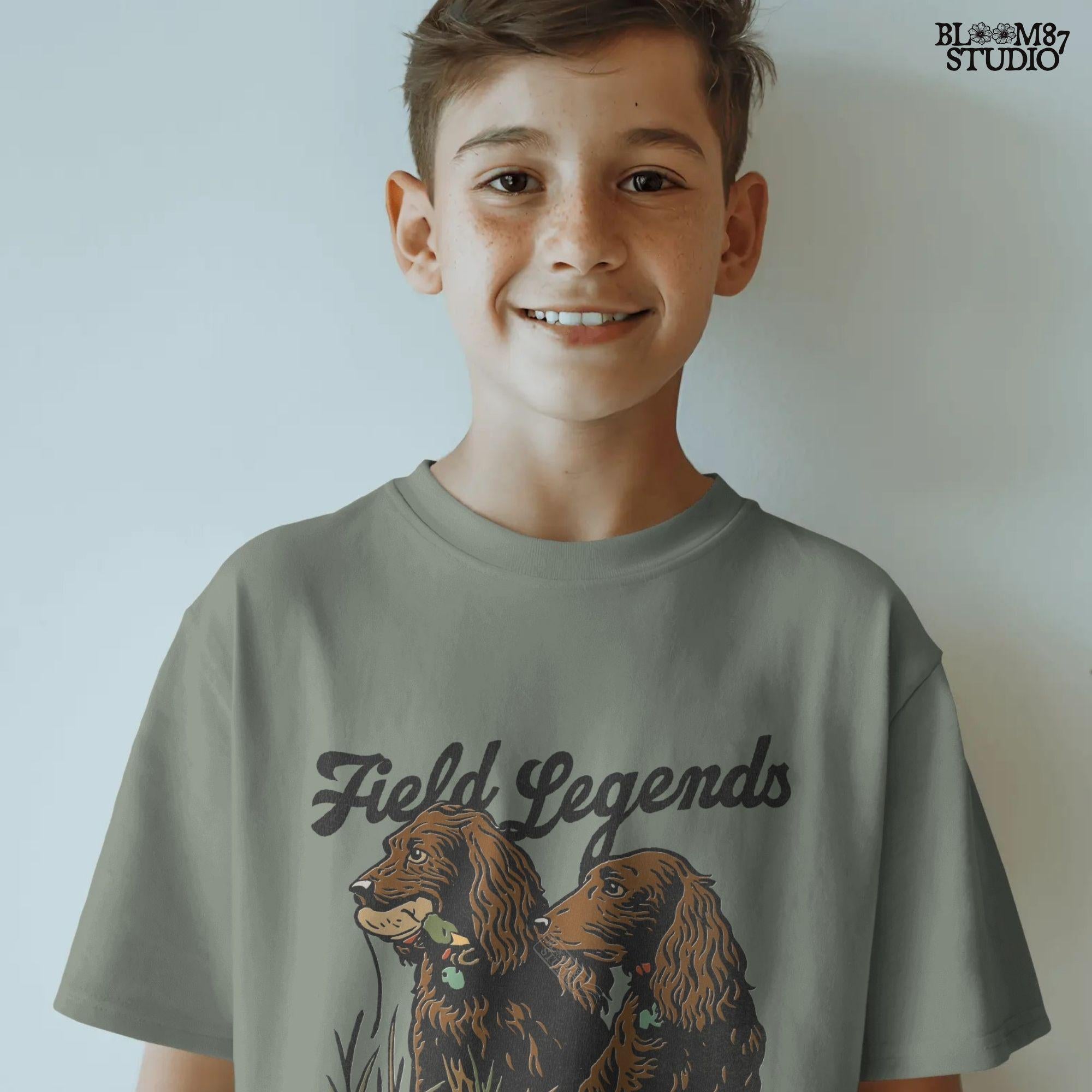 Vintage-style illustration of two retriever hunting dogs sitting in tall grass with text “Field Legends” and “Work. Hunt. Repeat.” – PNG for sublimation use