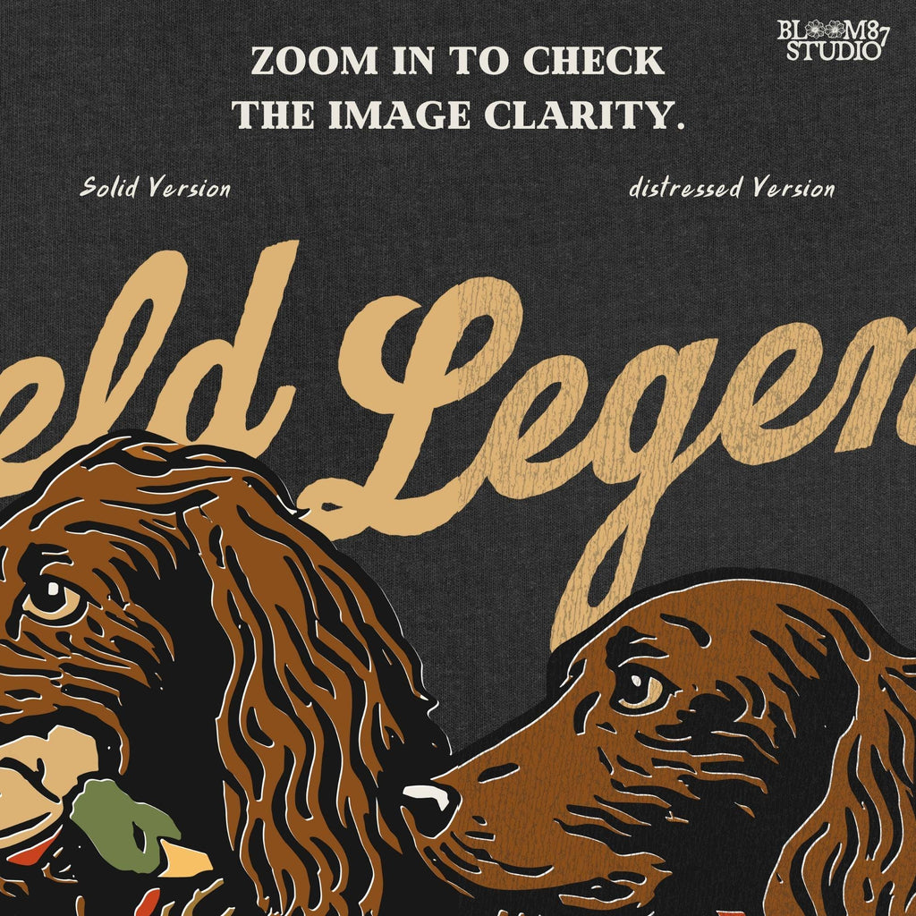 Vintage-style illustration of two retriever hunting dogs sitting in tall grass with text “Field Legends” and “Work. Hunt. Repeat.” – PNG for sublimation use