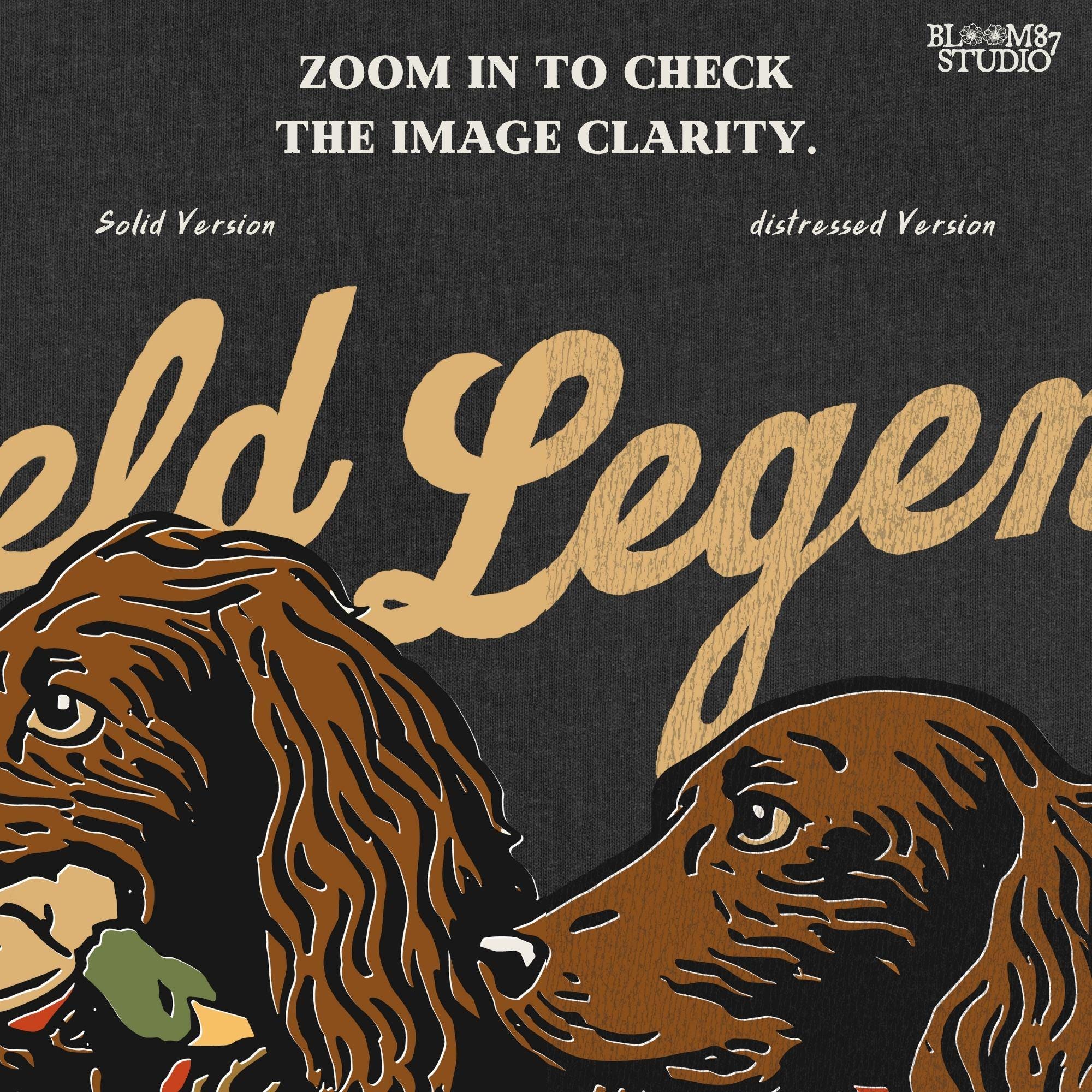 Vintage-style illustration of two retriever hunting dogs sitting in tall grass with text “Field Legends” and “Work. Hunt. Repeat.” – PNG for sublimation use