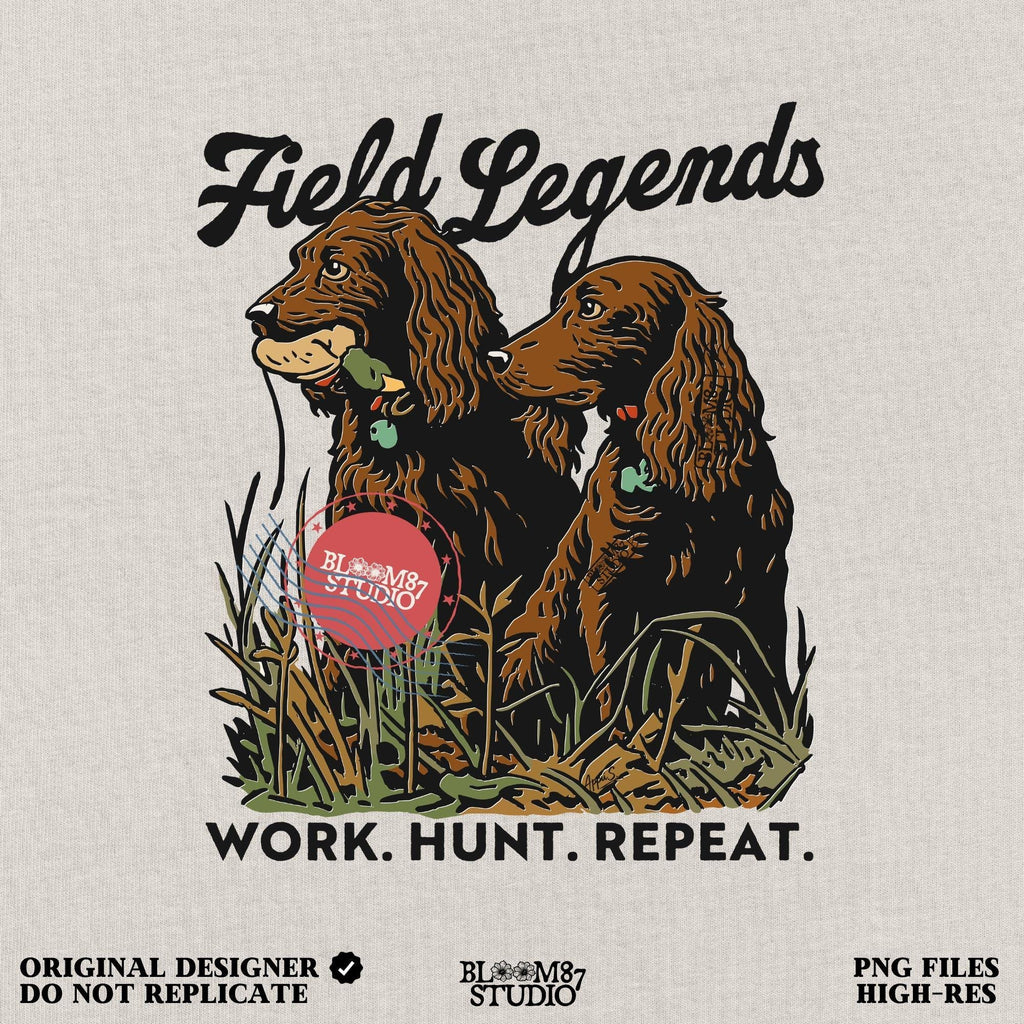 Vintage-style illustration of two retriever hunting dogs sitting in tall grass with text “Field Legends” and “Work. Hunt. Repeat.” – PNG for sublimation use