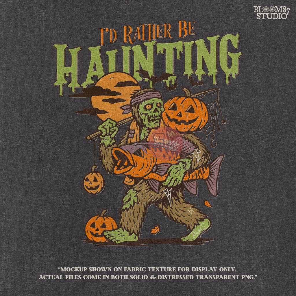 Zombie fisherman walking with a giant bass fish and jack-o’-lanterns, surrounded by bats and full moon, Halloween-themed sublimation clipart.