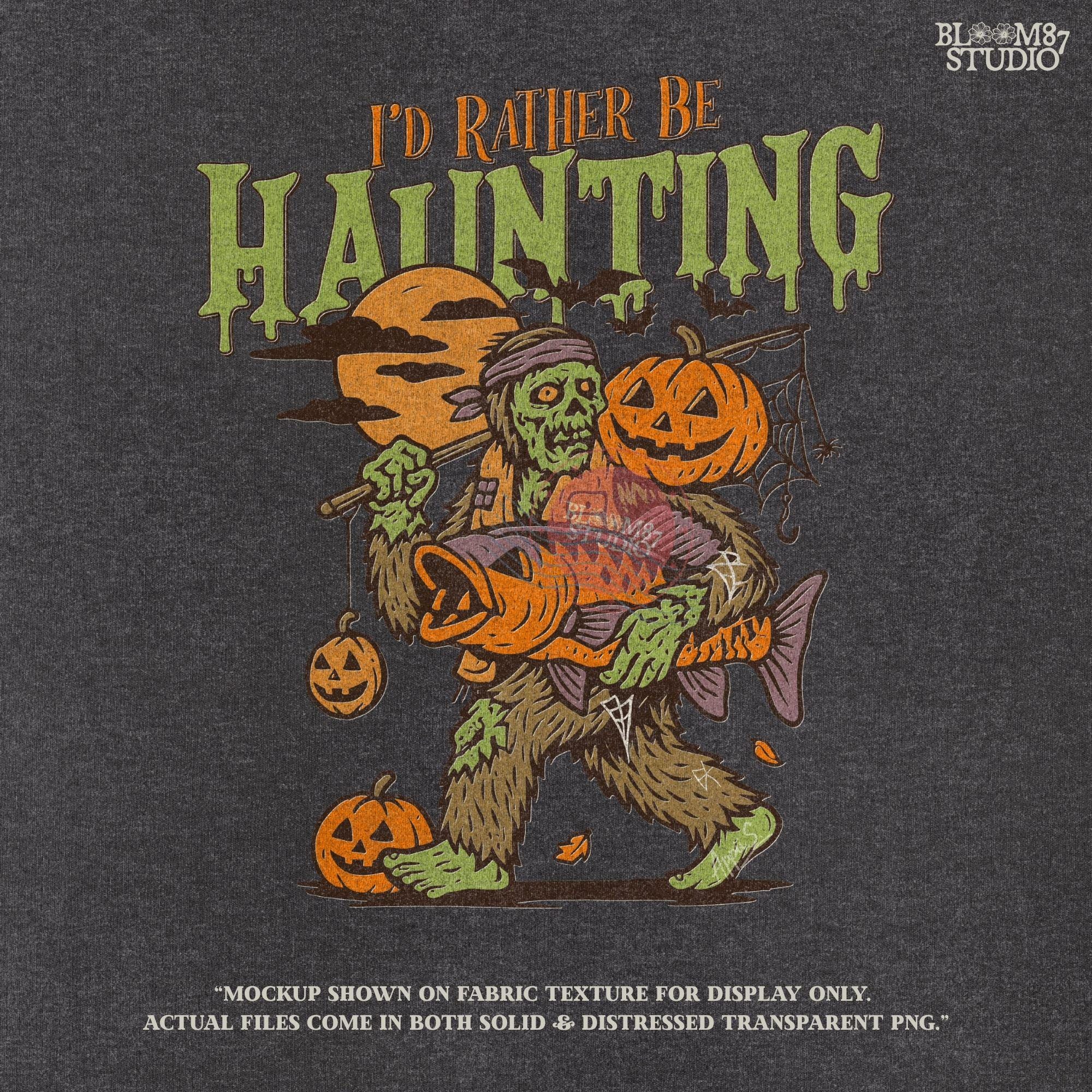 Zombie fisherman walking with a giant bass fish and jack-o’-lanterns, surrounded by bats and full moon, Halloween-themed sublimation clipart.