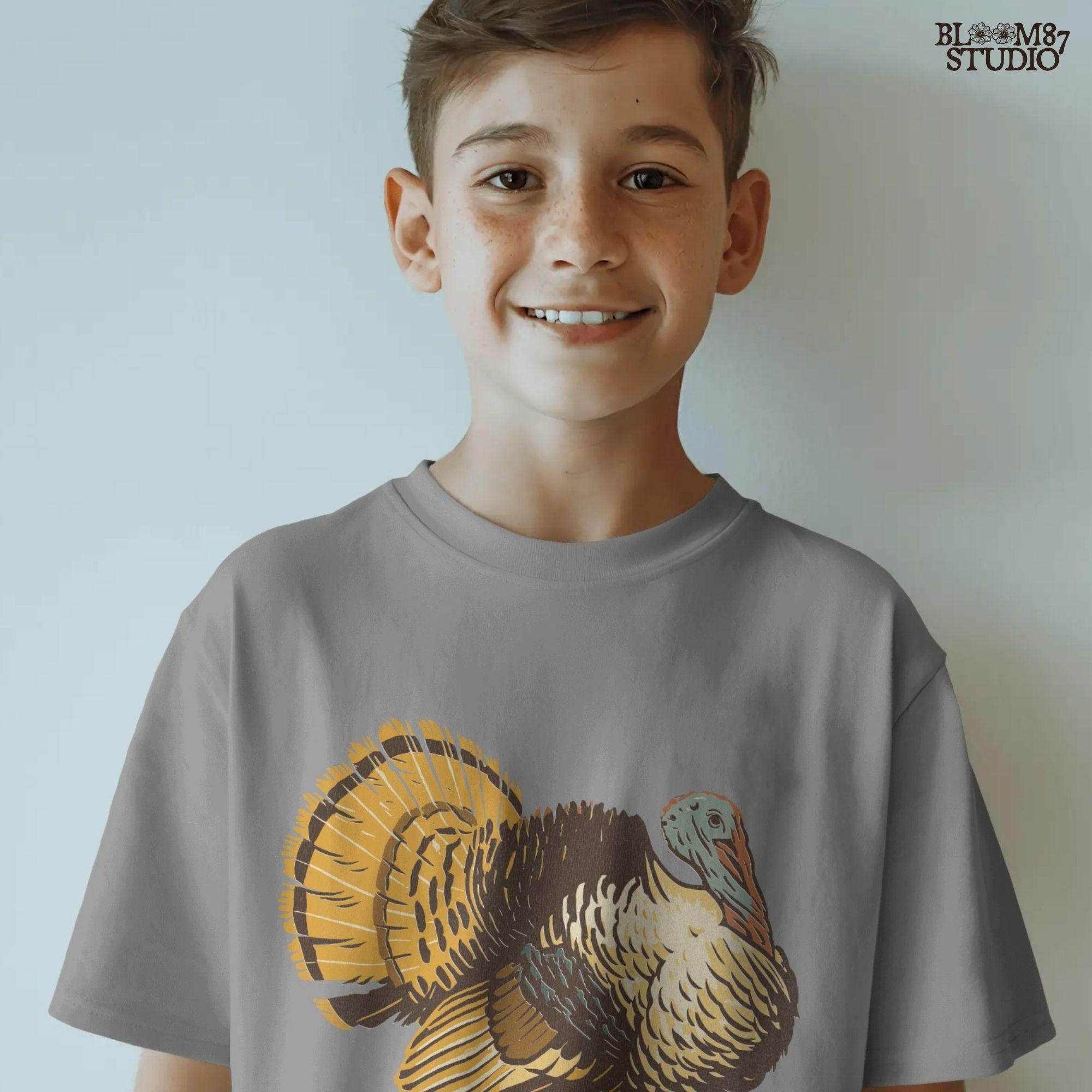 Hand-drawn wild turkey illustration with rich fall colors, showing full feathers and strut posture, ideal for Thanksgiving sublimation design.