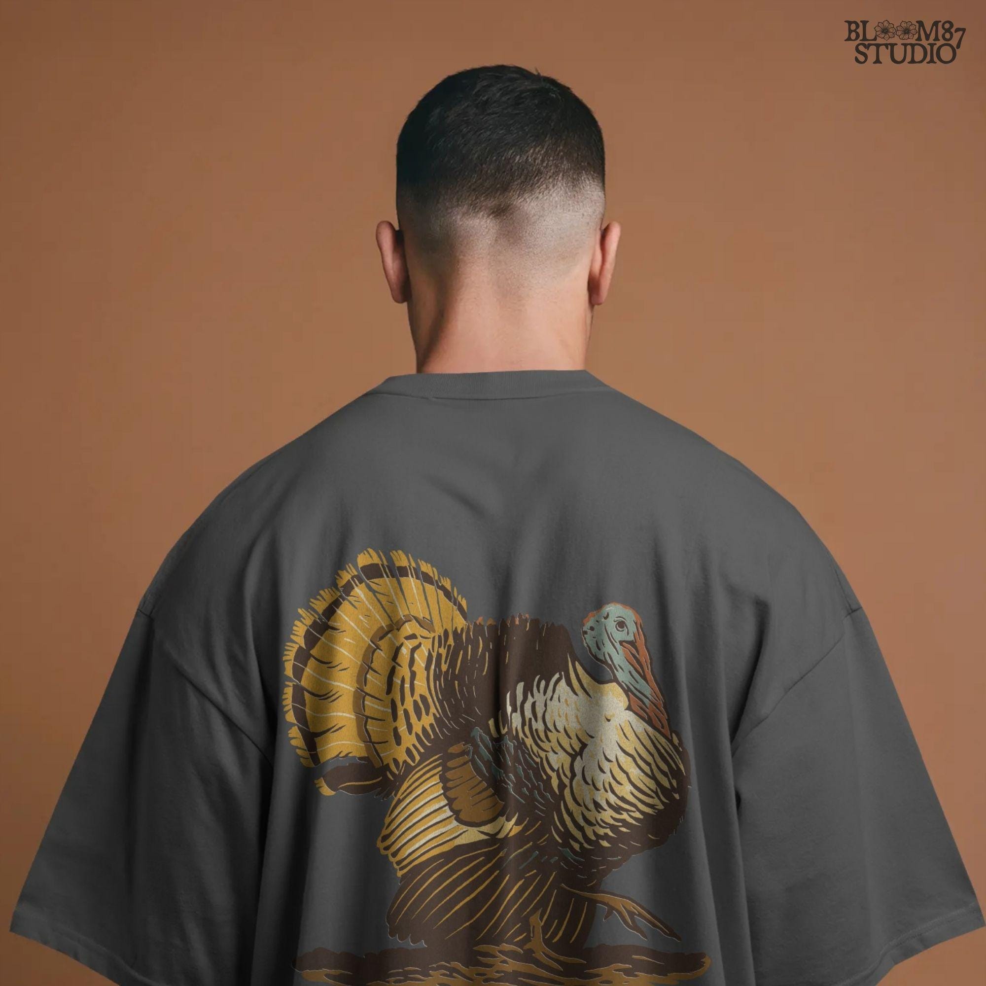 Hand-drawn wild turkey illustration with rich fall colors, showing full feathers and strut posture, ideal for Thanksgiving sublimation design.