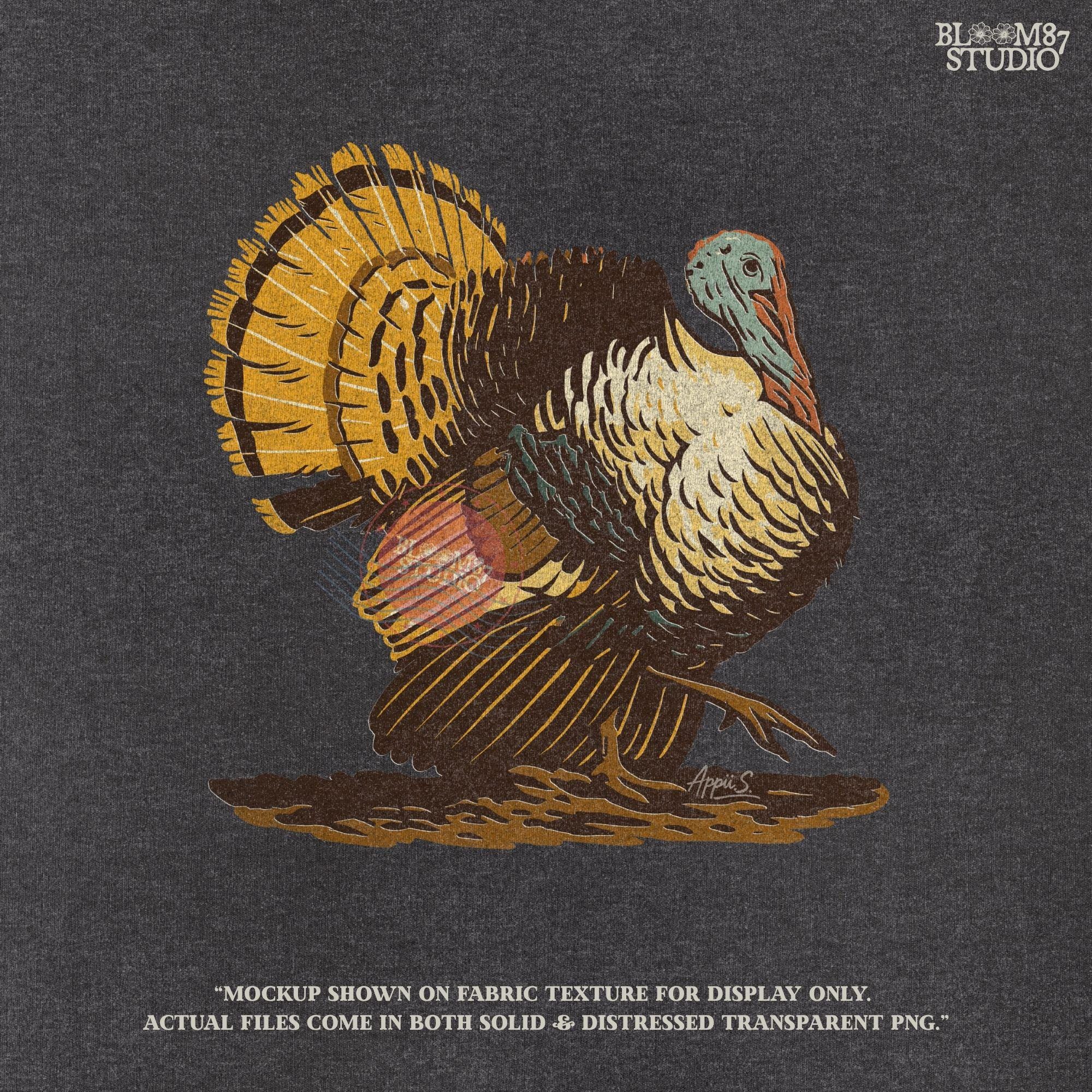 Hand-drawn wild turkey illustration with rich fall colors, showing full feathers and strut posture, ideal for Thanksgiving sublimation design.