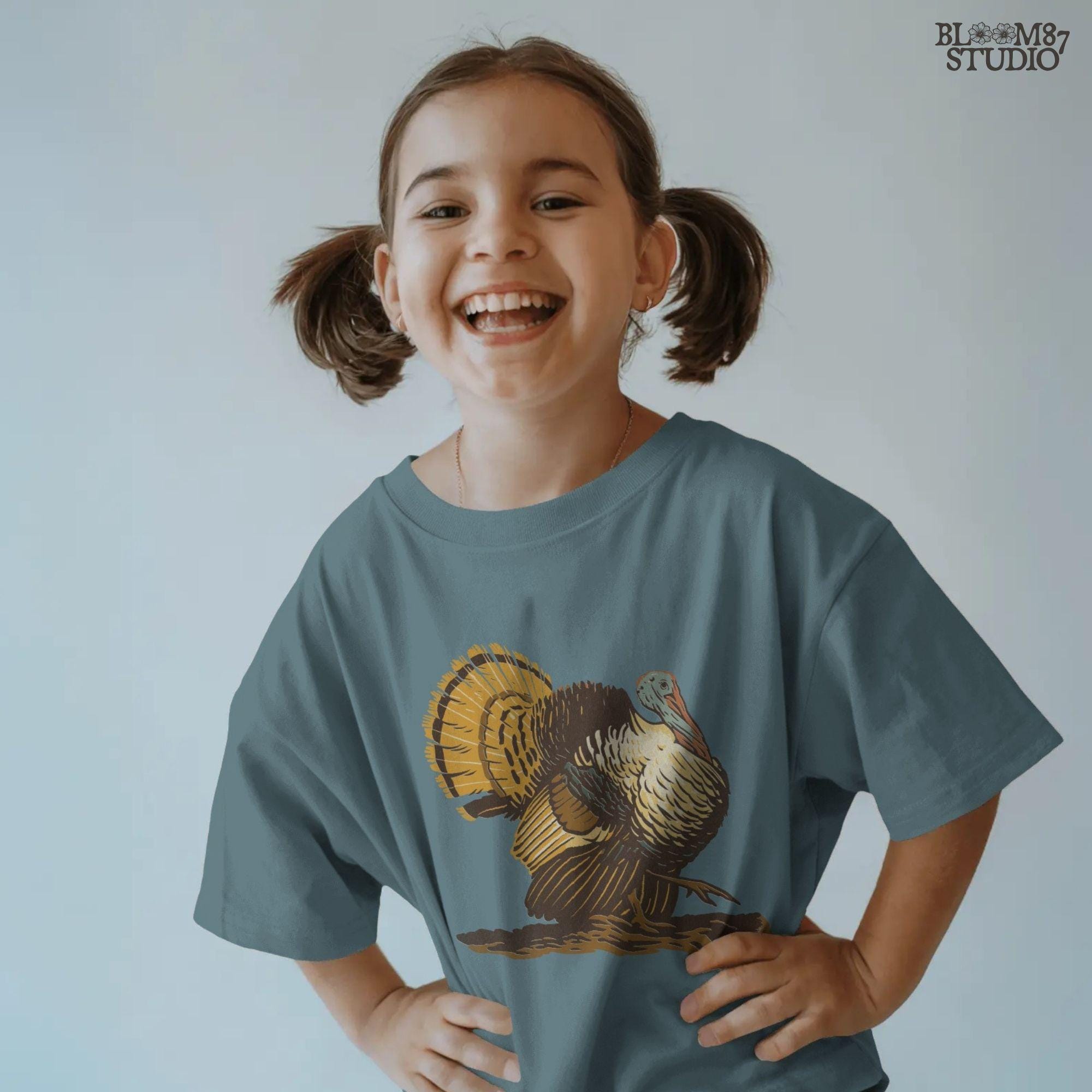 Hand-drawn wild turkey illustration with rich fall colors, showing full feathers and strut posture, ideal for Thanksgiving sublimation design.