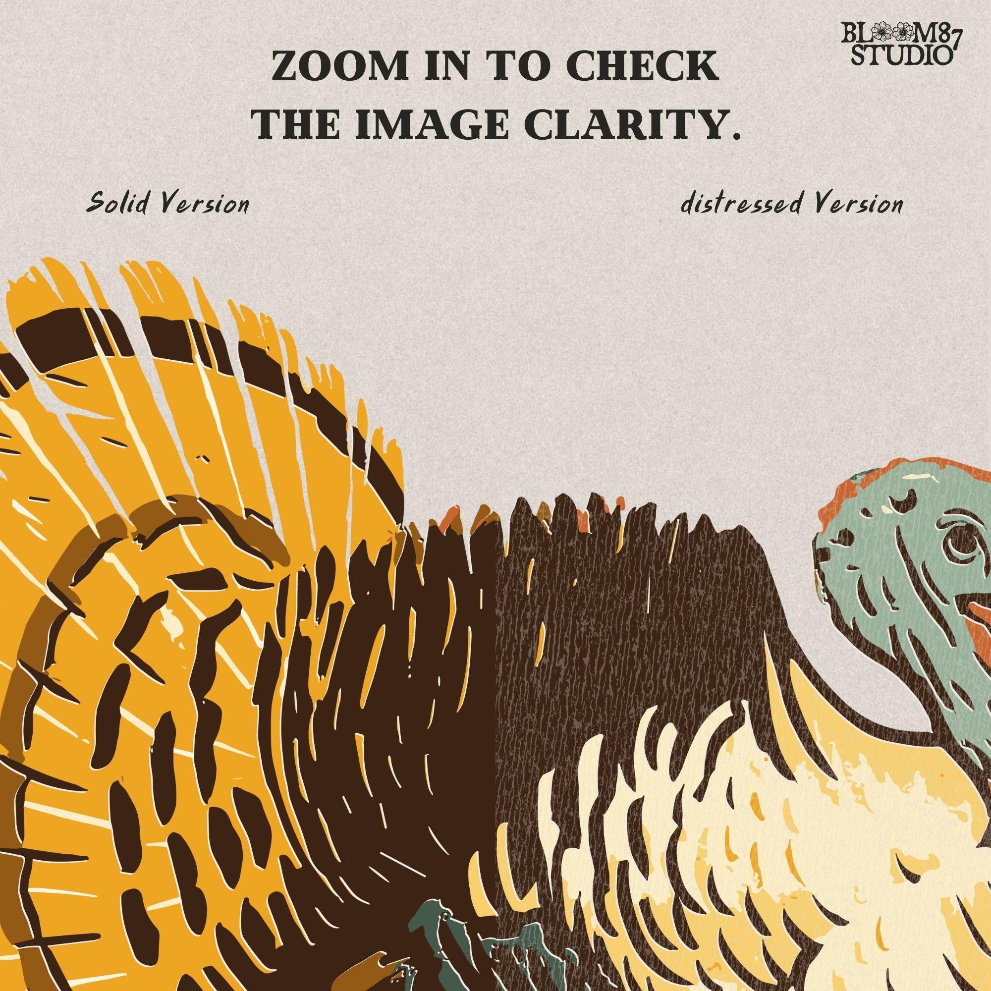 Hand-drawn wild turkey illustration with rich fall colors, showing full feathers and strut posture, ideal for Thanksgiving sublimation design.