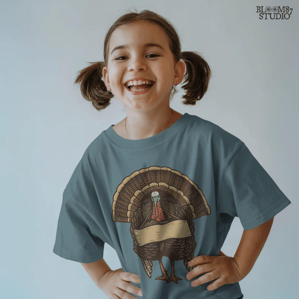 Retro-style Thanksgiving turkey standing upright holding a blank wooden sign, designed for editable sublimation or customizable fall craft projects.