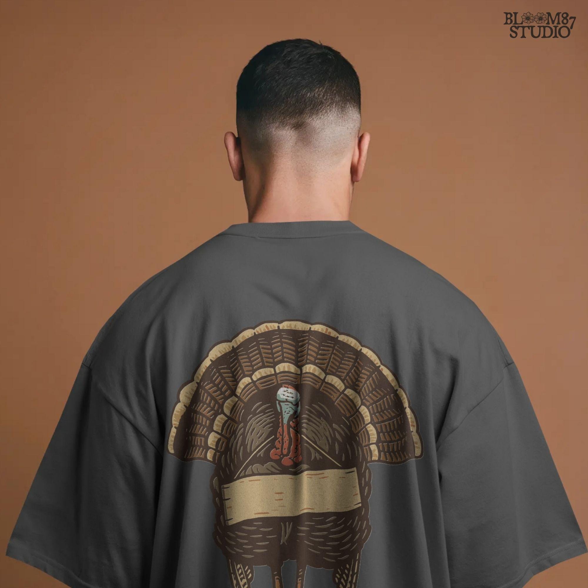 Retro-style Thanksgiving turkey standing upright holding a blank wooden sign, designed for editable sublimation or customizable fall craft projects.