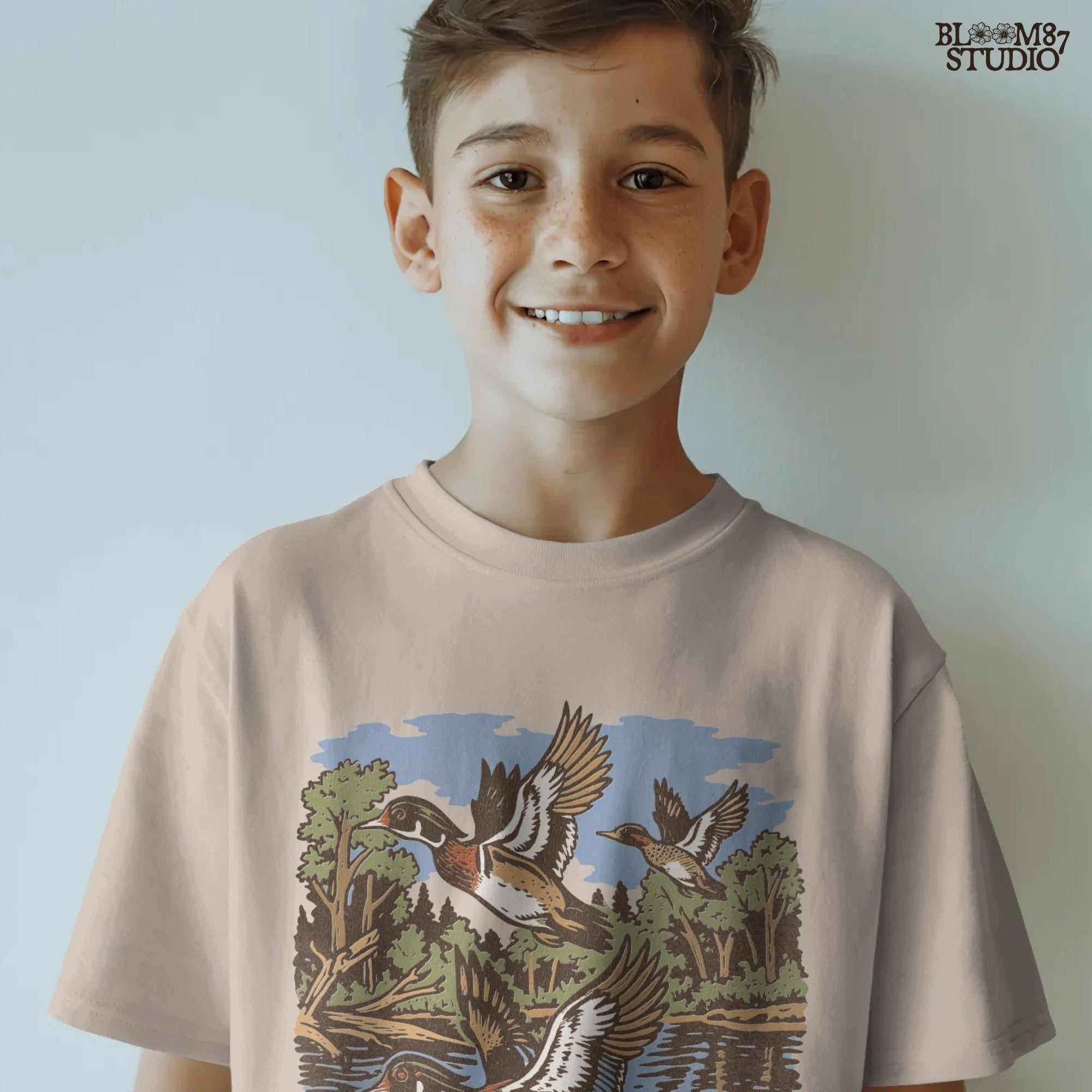 Vintage wood duck artwork showing ducks flying over a calm forest lake, perfect for fall hunting-themed sublimation designs and rustic crafts.