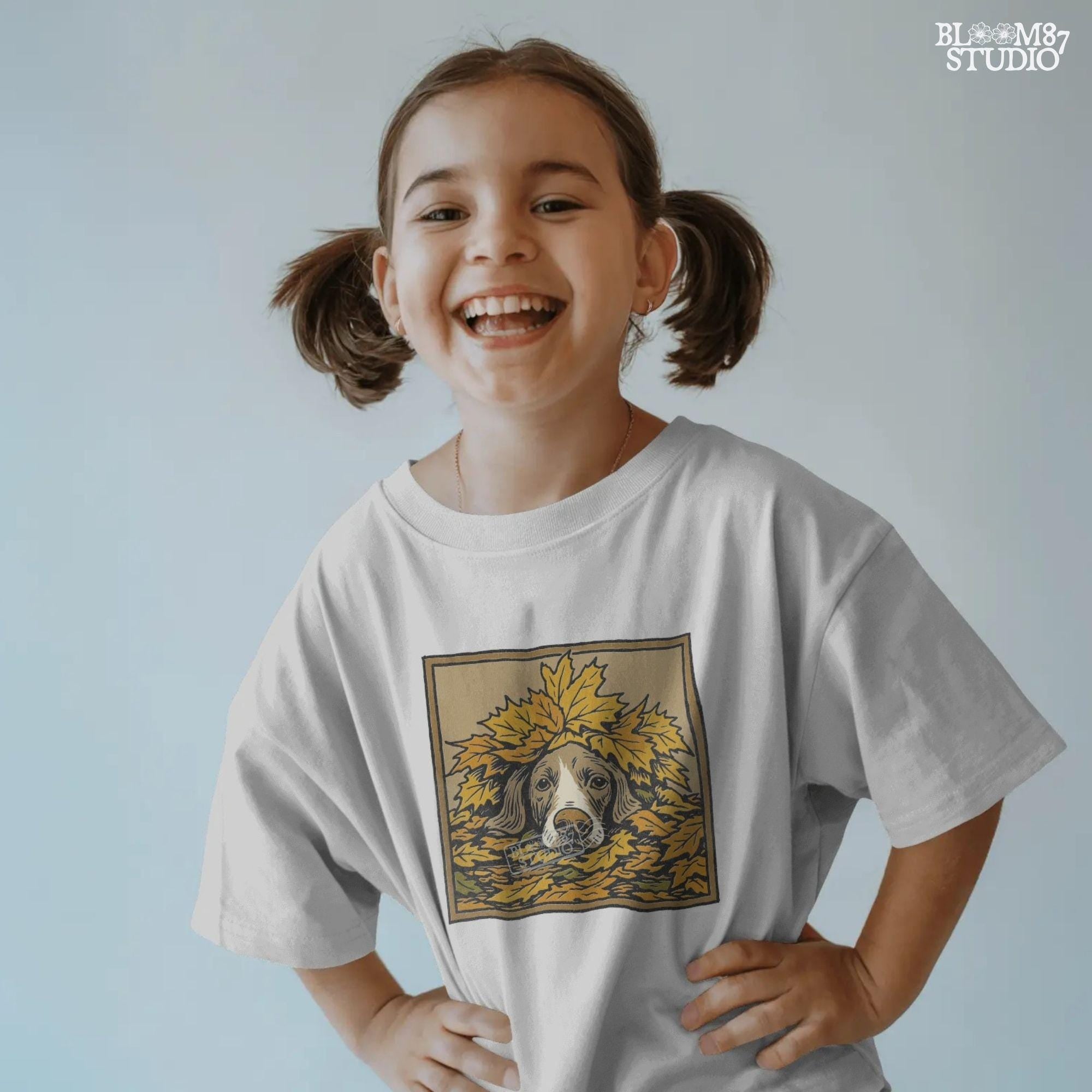 Hunting dog peeking through a pile of golden autumn leaves, rustic fall-themed illustration for seasonal sublimation design use