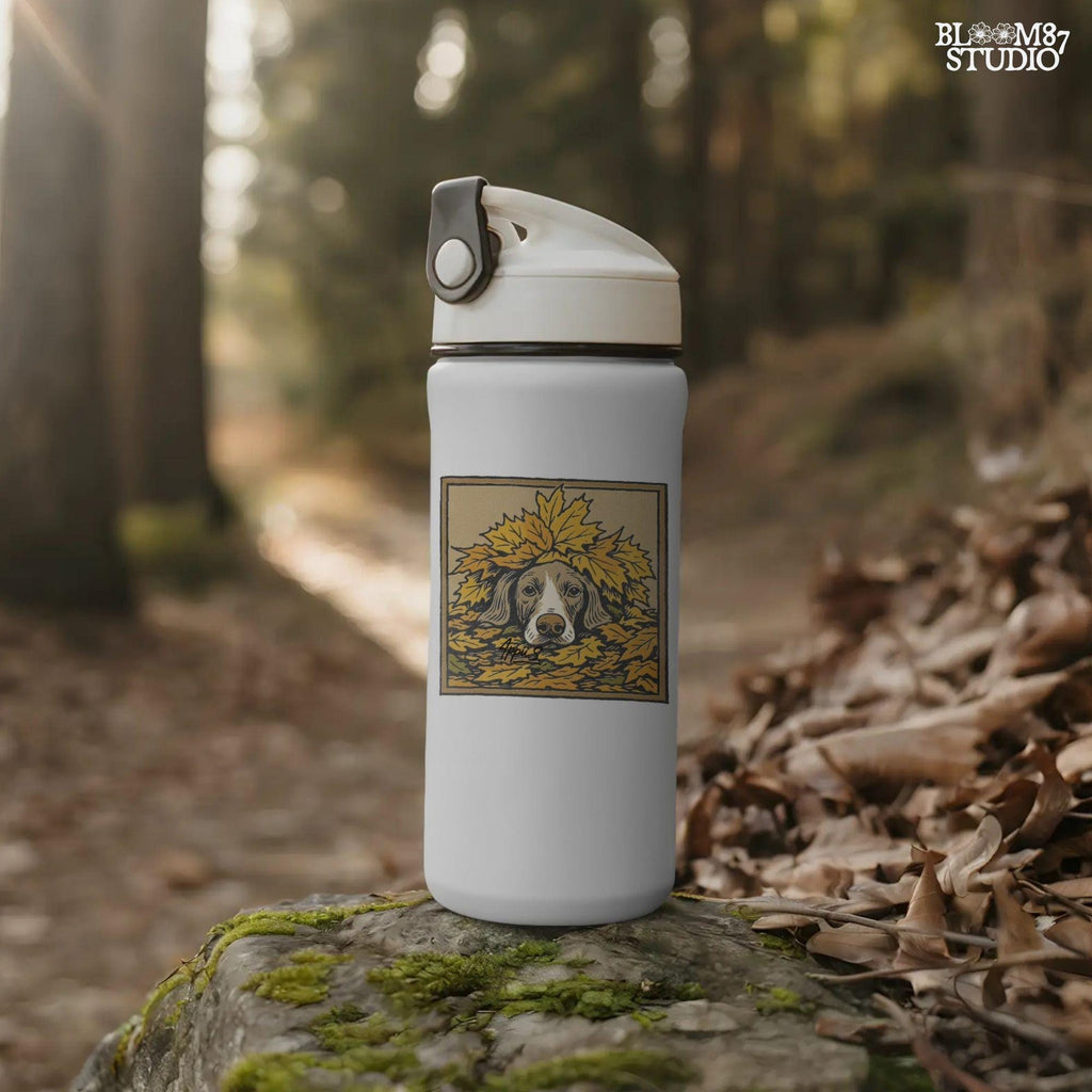 Hunting dog peeking through a pile of golden autumn leaves, rustic fall-themed illustration for seasonal sublimation design use