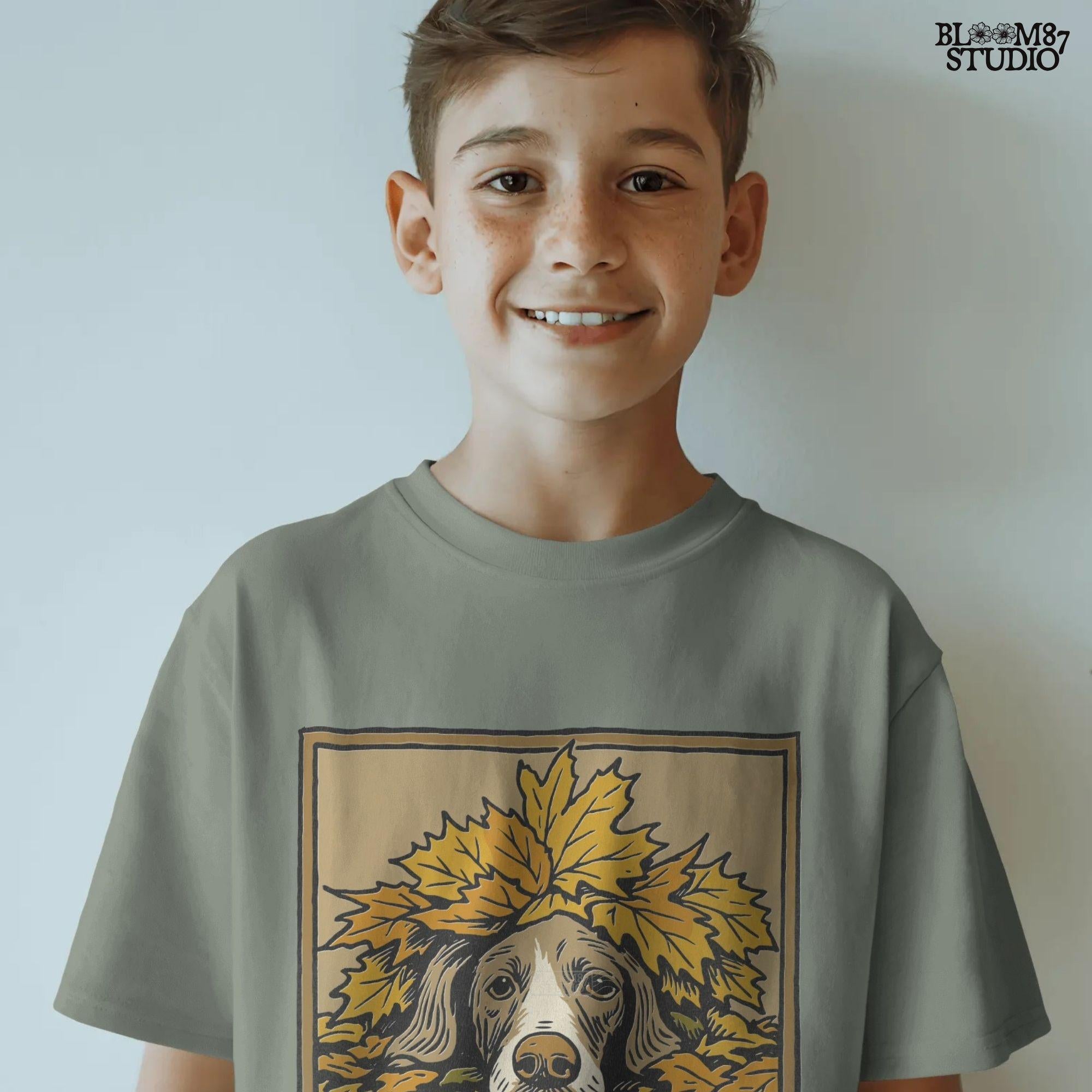 Hunting dog peeking through a pile of golden autumn leaves, rustic fall-themed illustration for seasonal sublimation design use