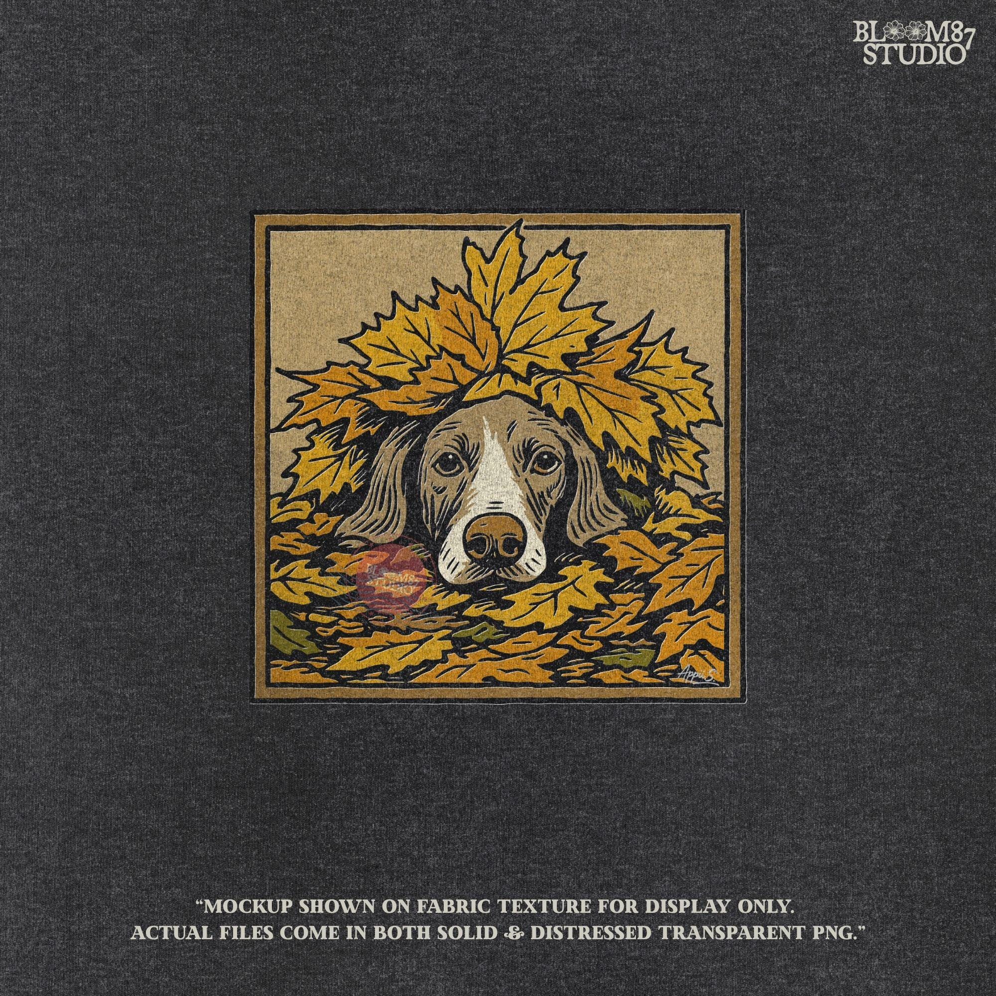 Hunting dog peeking through a pile of golden autumn leaves, rustic fall-themed illustration for seasonal sublimation design use