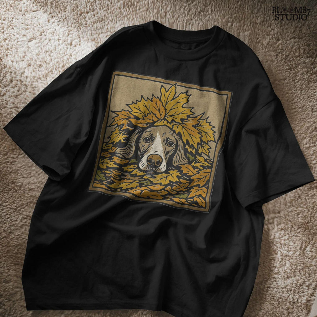Hunting dog peeking through a pile of golden autumn leaves, rustic fall-themed illustration for seasonal sublimation design use