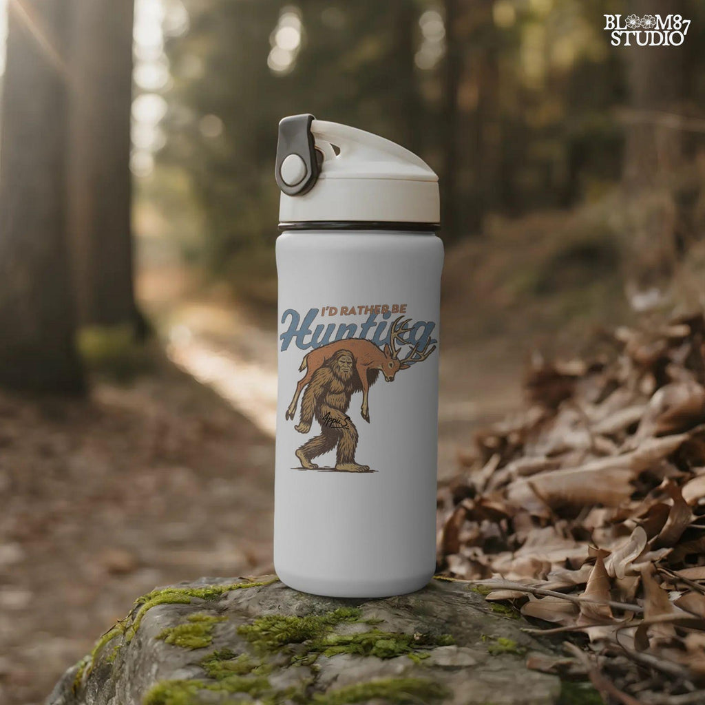 Illustration of Bigfoot carrying a deer on shoulders with text “I’d Rather Be Hunting,” designed for funny rustic sublimation projects