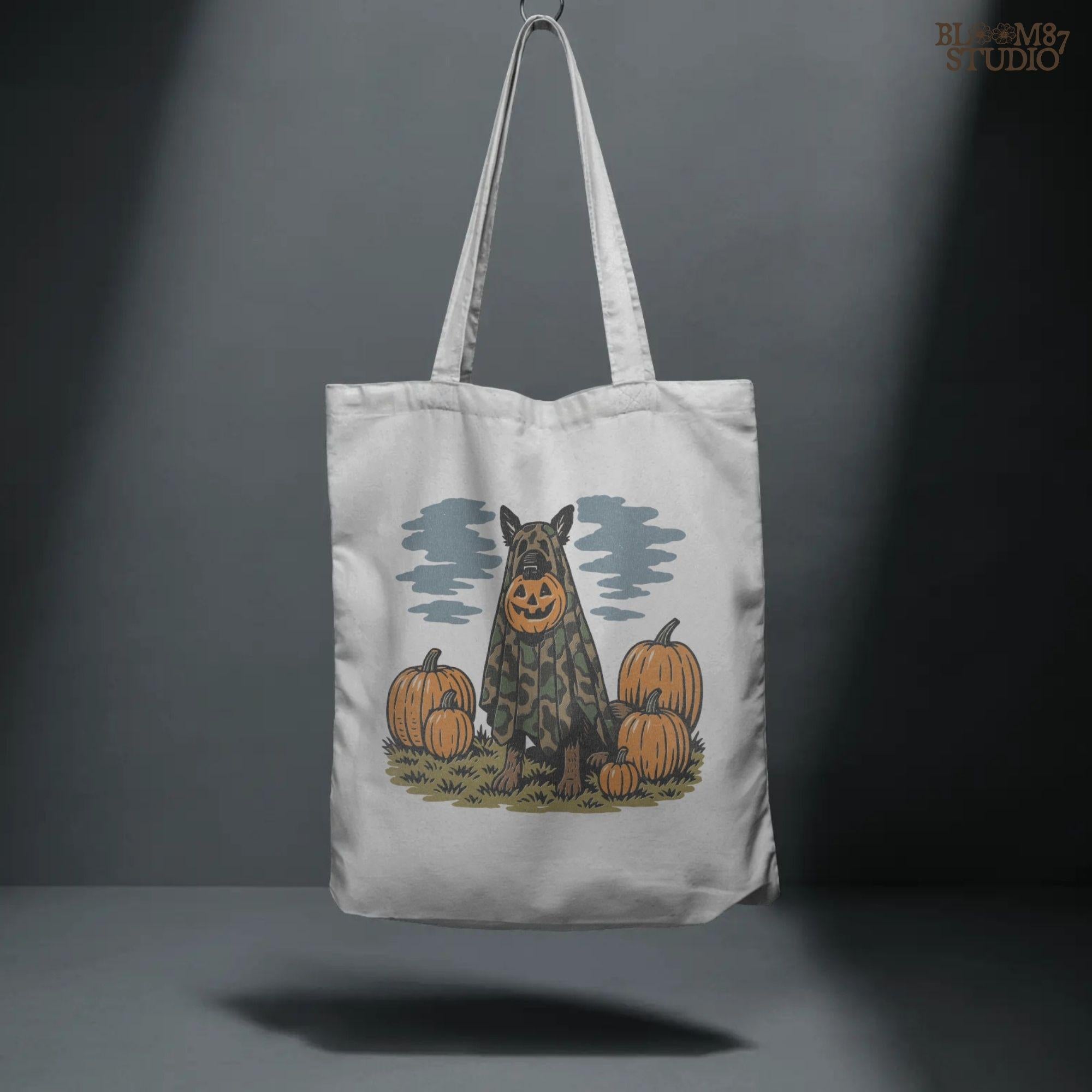German Shepherd in camouflage ghost costume with jack-o’-lantern head surrounded by pumpkins, Halloween-themed sublimation design