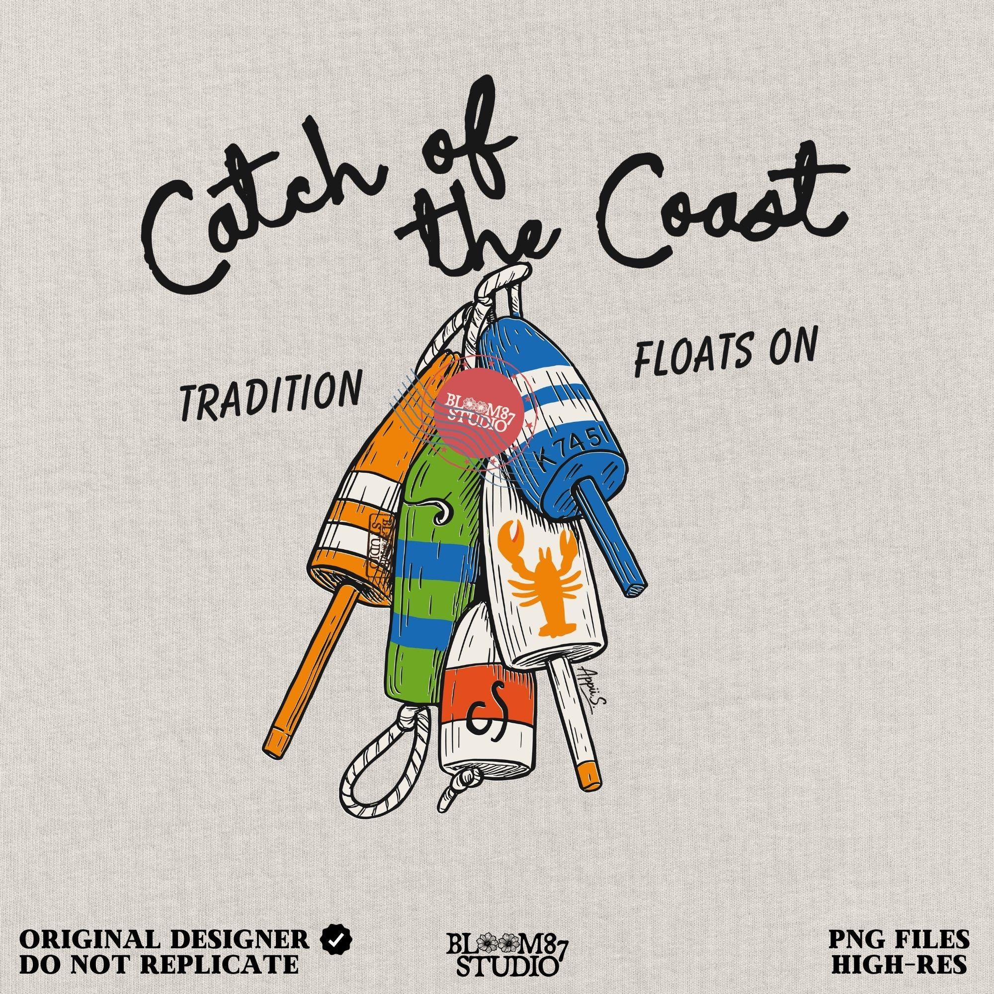 Colorful hand-drawn sublimation PNG of coastal lobster fishing buoys with rope, perfect for beach house crafts, nautical decor, or summer apparel.