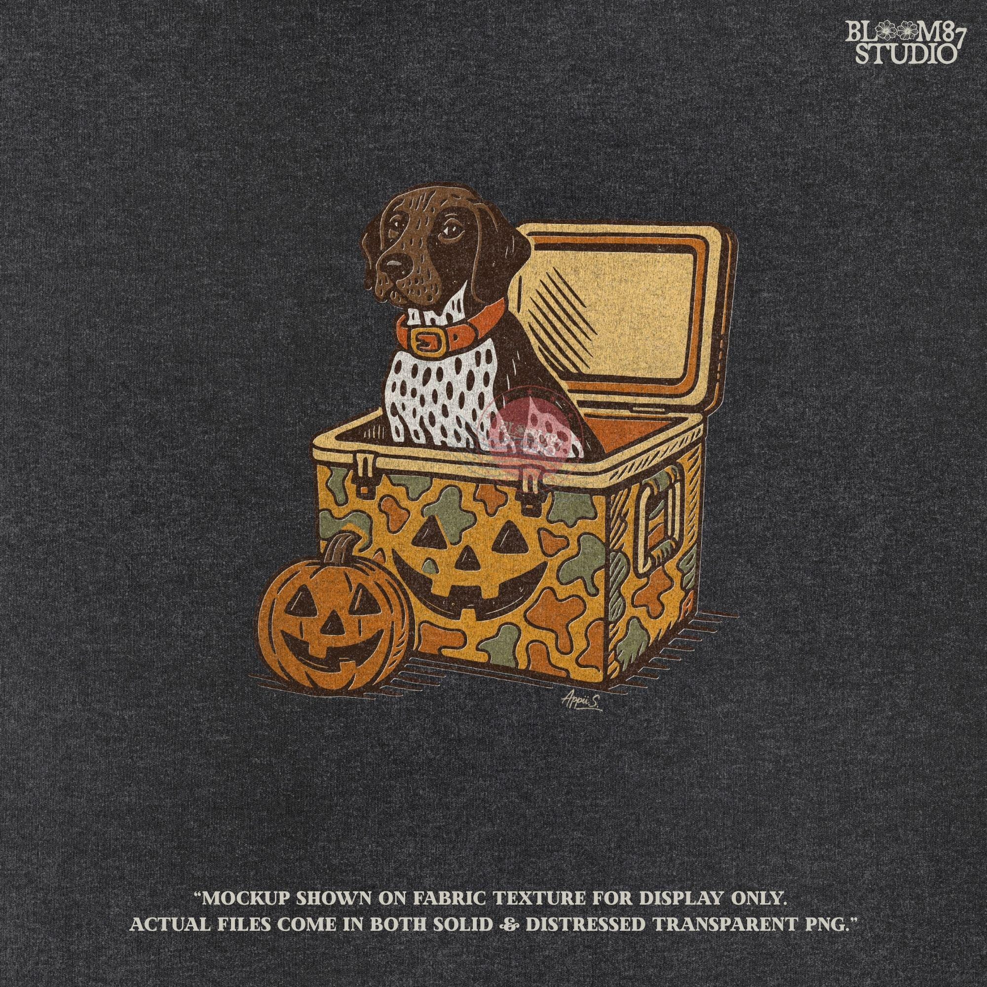German Shorthair Pointer dog sitting inside a camo cooler with Jack O’ Lantern carvings, Halloween-themed sublimation PNG for fall shirts.
