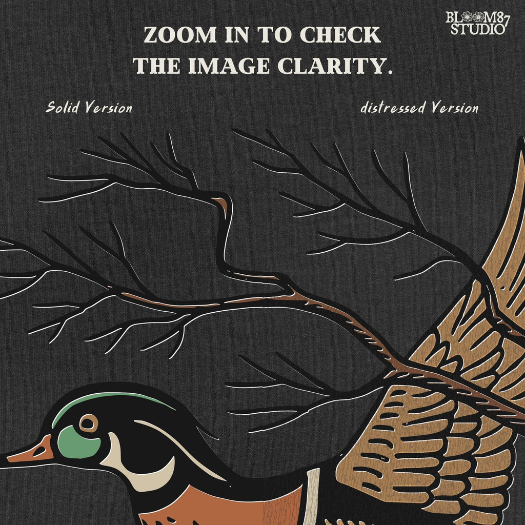 Vintage wood duck flying over bare branches with “Woodland Chase” text in rustic orange and black; sublimation PNG for hunting or fall apparel.