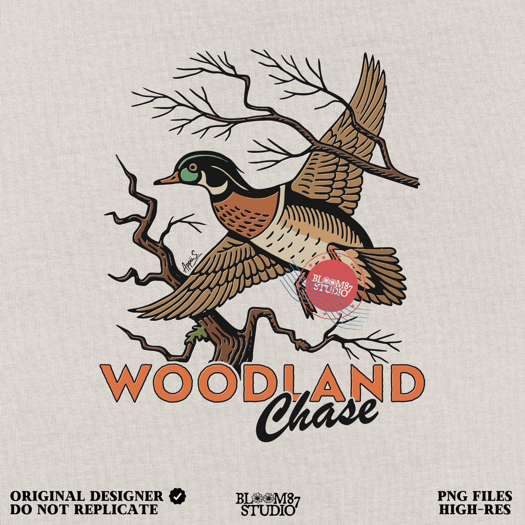 Vintage wood duck flying over bare branches with “Woodland Chase” text in rustic orange and black; sublimation PNG for hunting or fall apparel.