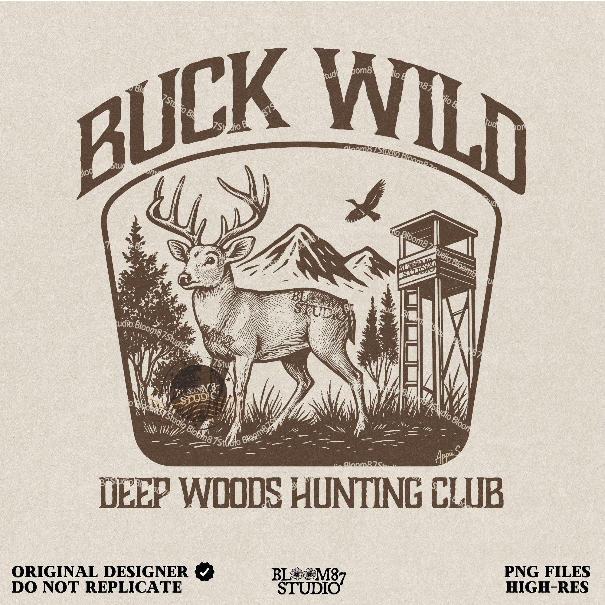 Illustration of a buck in the forest with mountains, a watchtower, and a bird, framed by the text “Buck Wild – Deep Woods Hunting Club”.