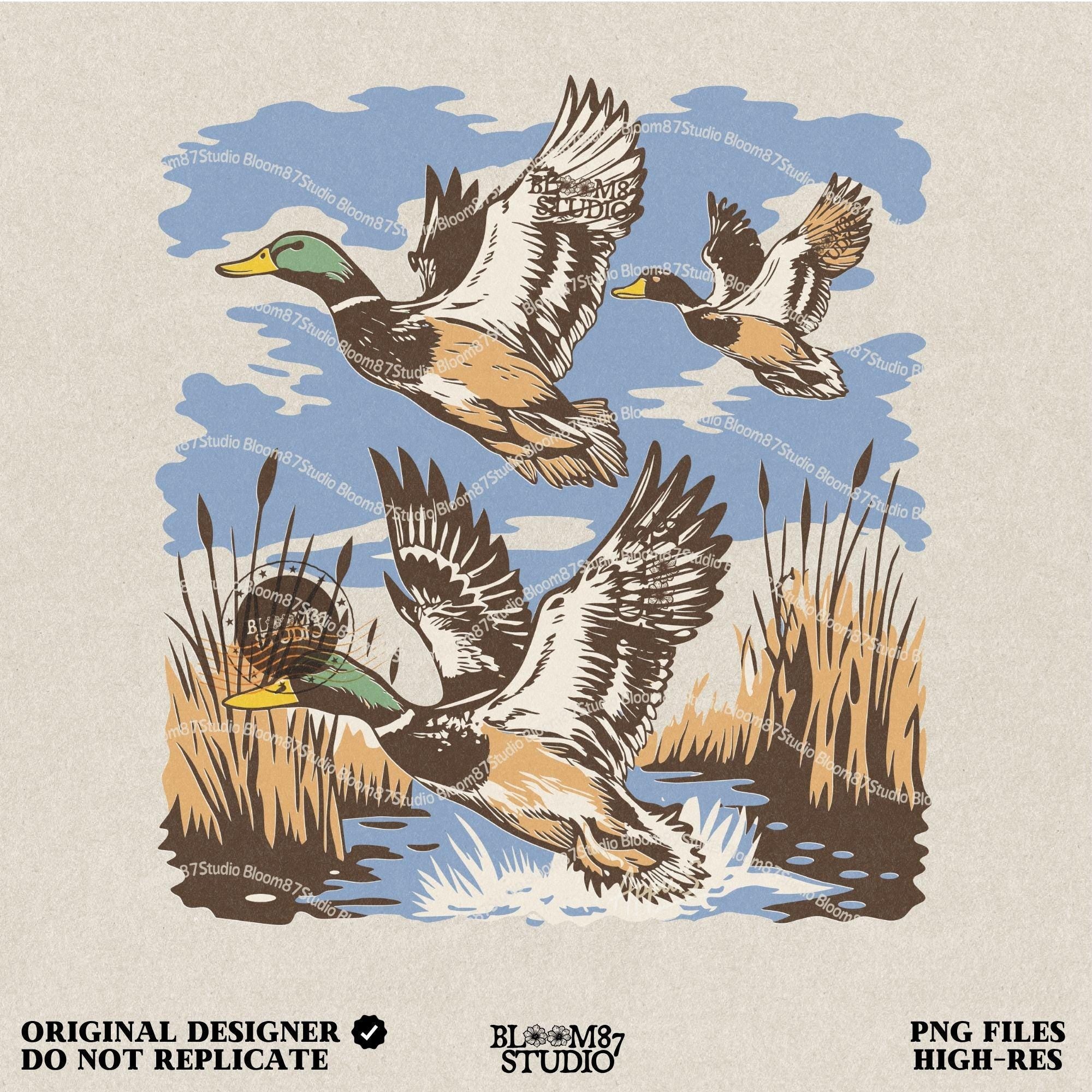 May include: Two mallard ducks flying over a pond with reeds on either side. The ducks are brown and white with green heads. The pond is blue and the reeds are brown and green. The text 'PNG FILES' is in the top right corner of the image. The text '300 DPI' is in the bottom right corner of the image.