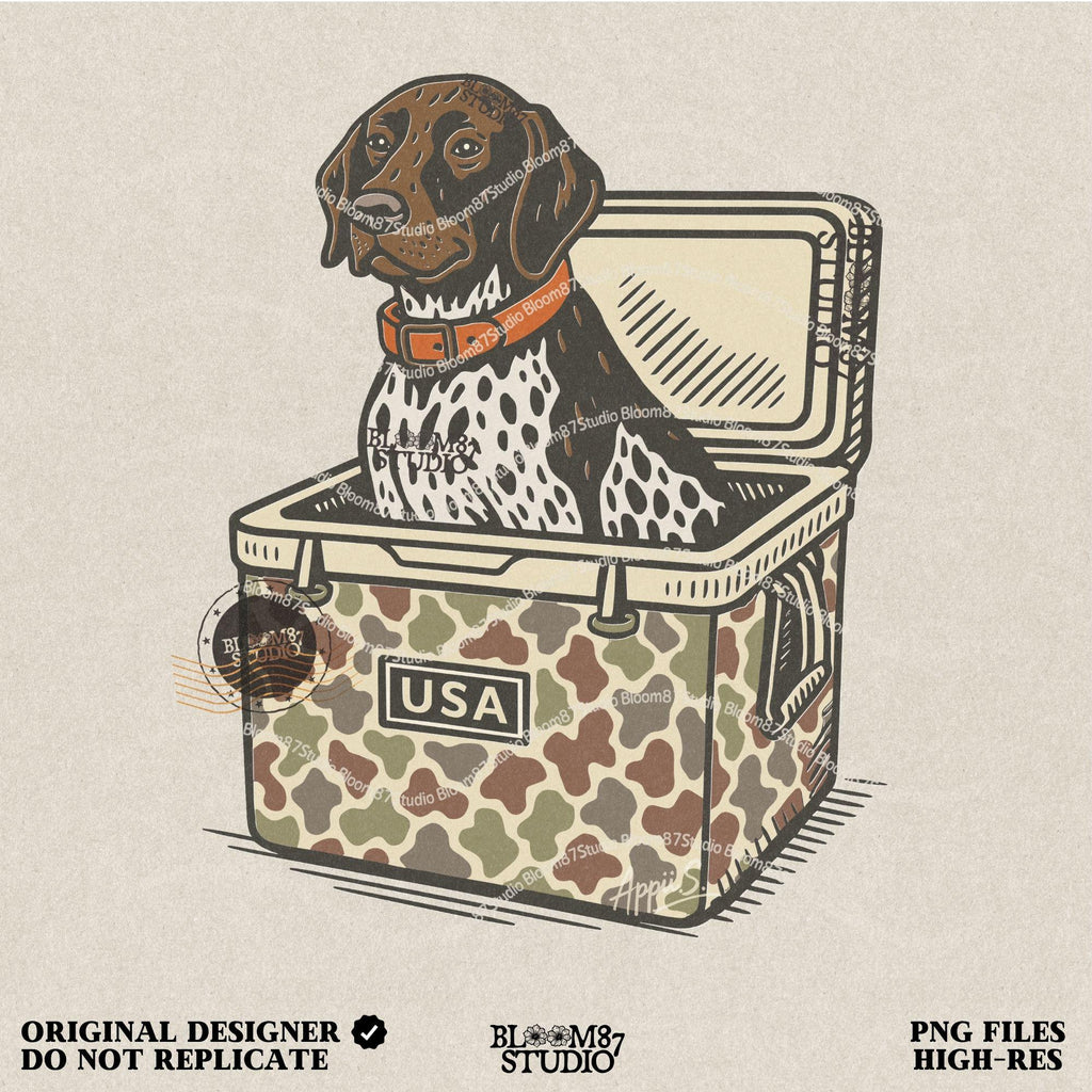 German Shorthaired Pointer dog sitting inside camouflage cooler labeled “USA,” in rustic cartoon patriotic style