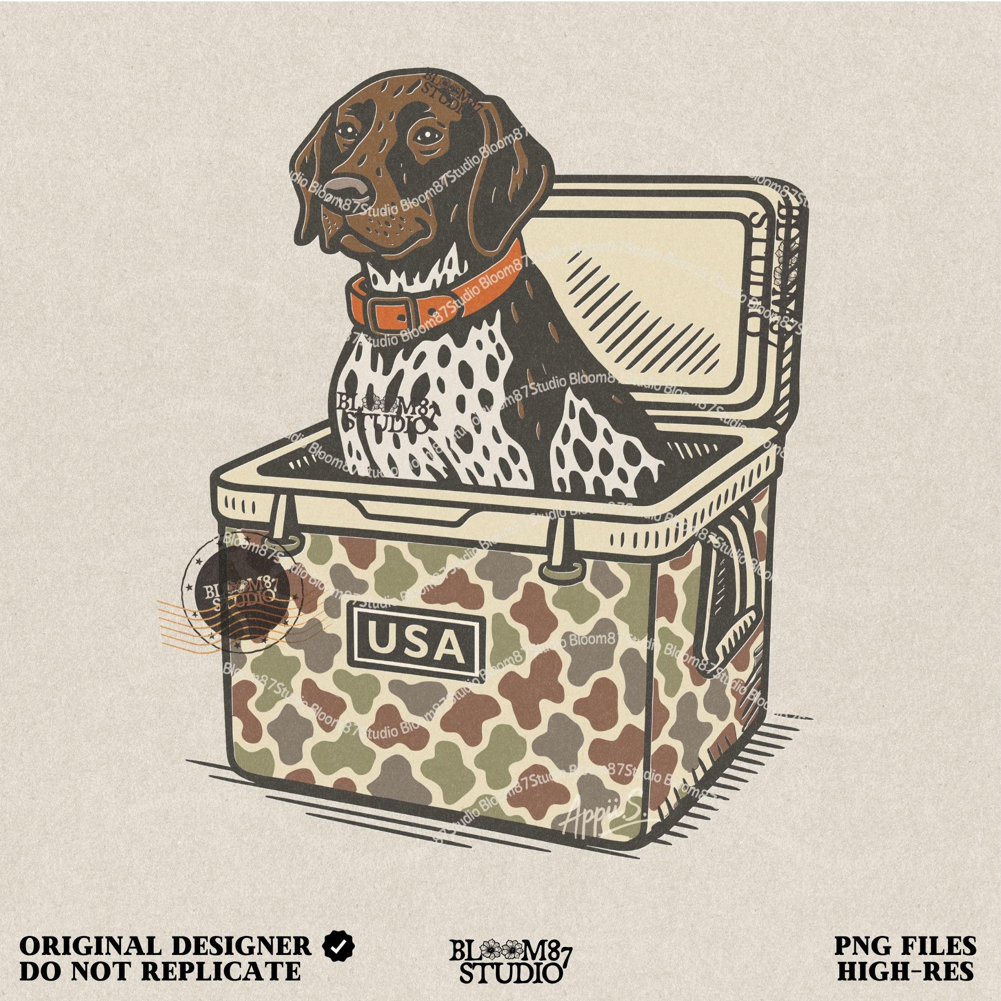German Shorthaired Pointer dog sitting inside camouflage cooler labeled “USA,” in rustic cartoon patriotic style
