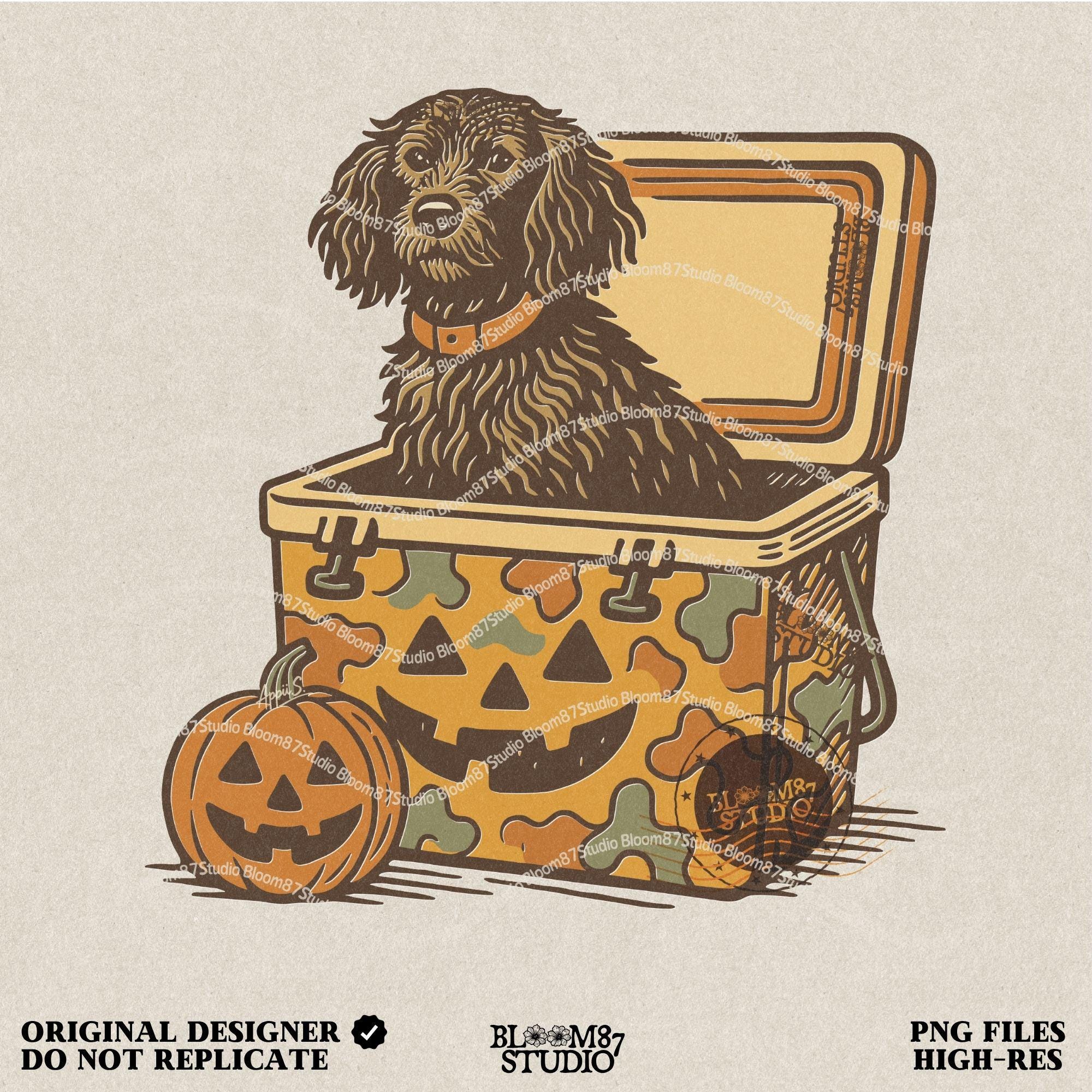 Halloween-themed PNG of a fluffy dog sitting inside a pumpkin-faced camouflage cooler, with jack-o’-lantern pumpkins next to it.