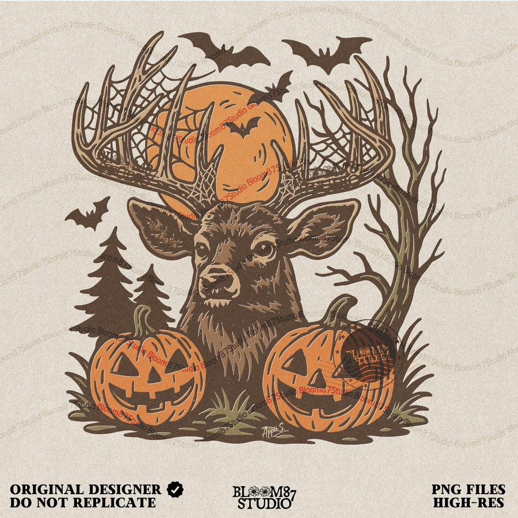 Halloween-themed sublimation PNG of a deer with spiderweb antlers, jack-o’-lantern pumpkins, bats, and a spooky forest background.