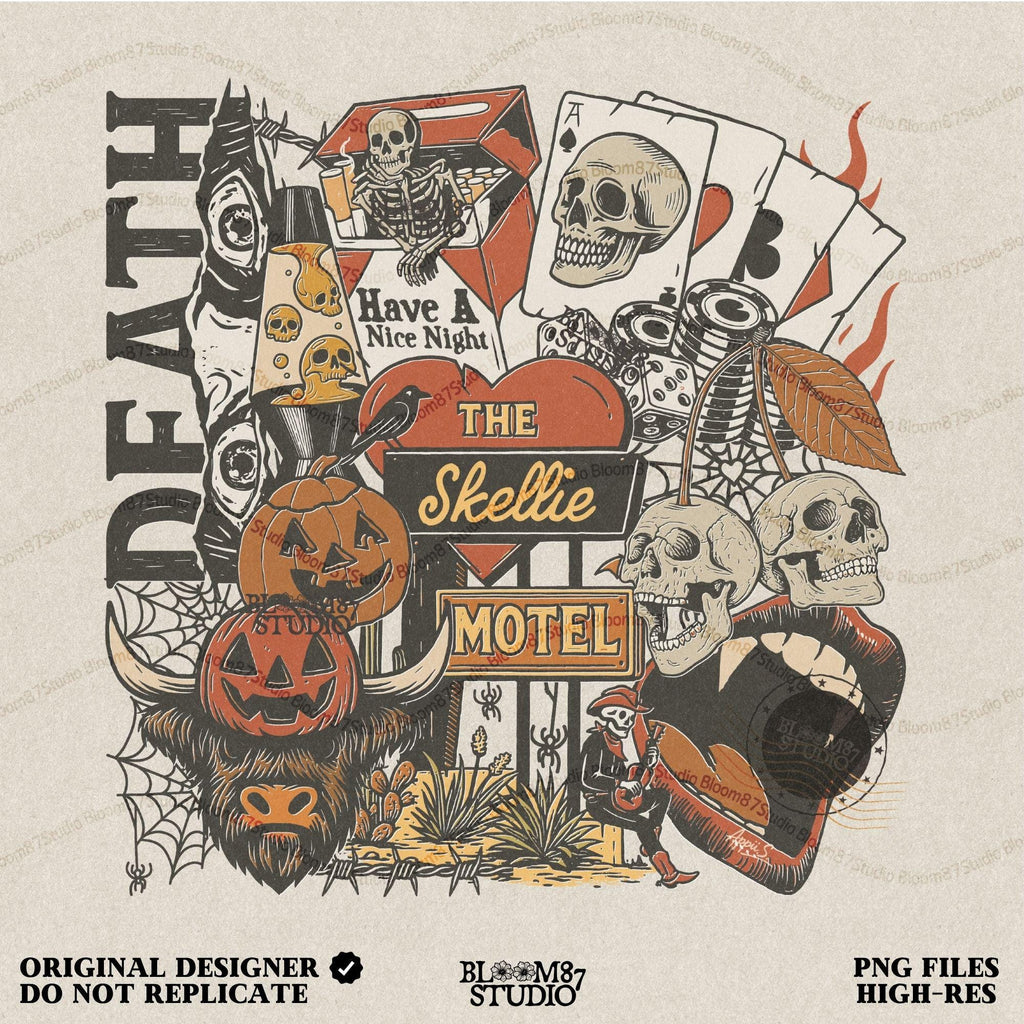 Collage-style sublimation PNG featuring skeletons, jack-o’-lanterns, vampire lips, poker chips, and retro motel signage with spooky western vibes.