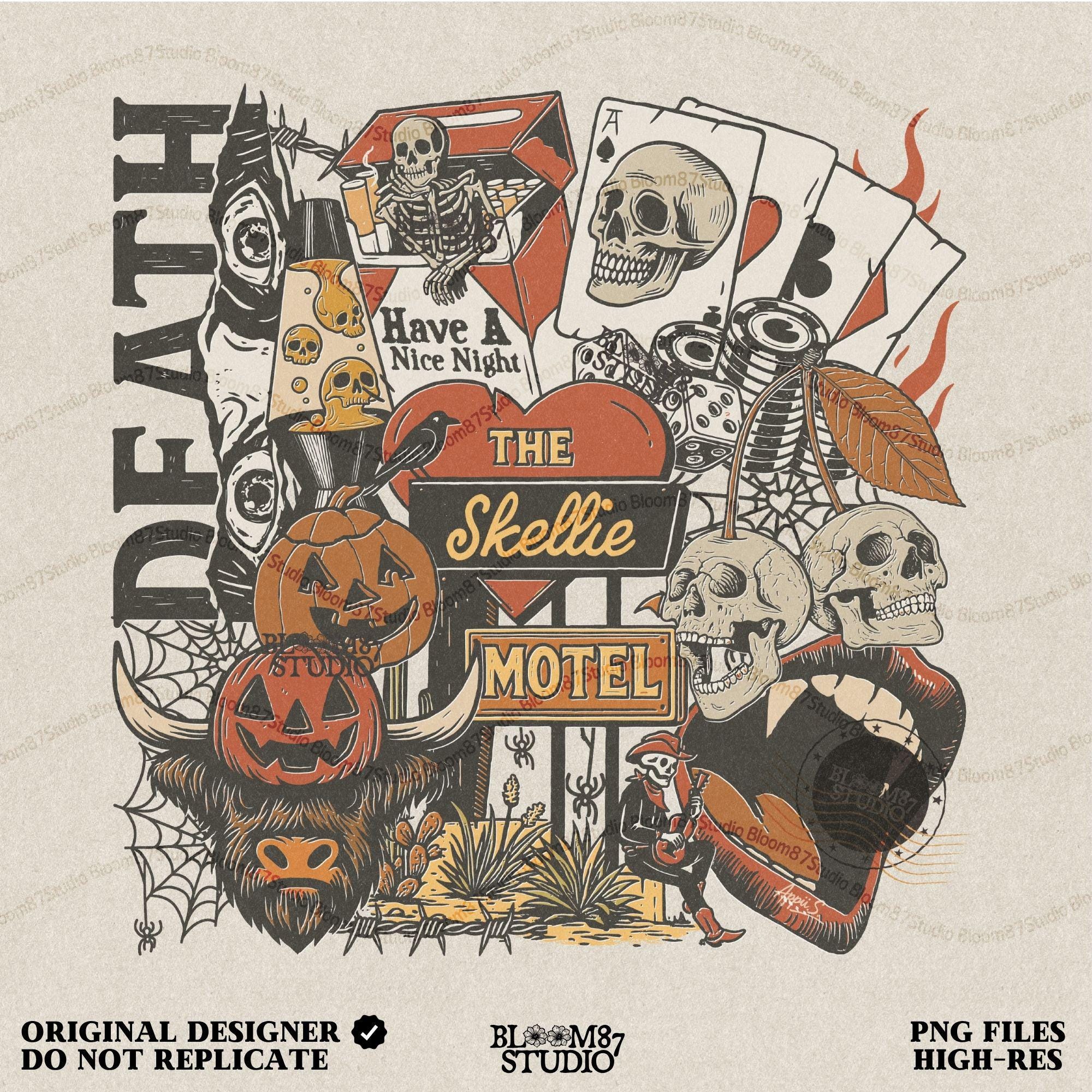 Collage-style sublimation PNG featuring skeletons, jack-o’-lanterns, vampire lips, poker chips, and retro motel signage with spooky western vibes.