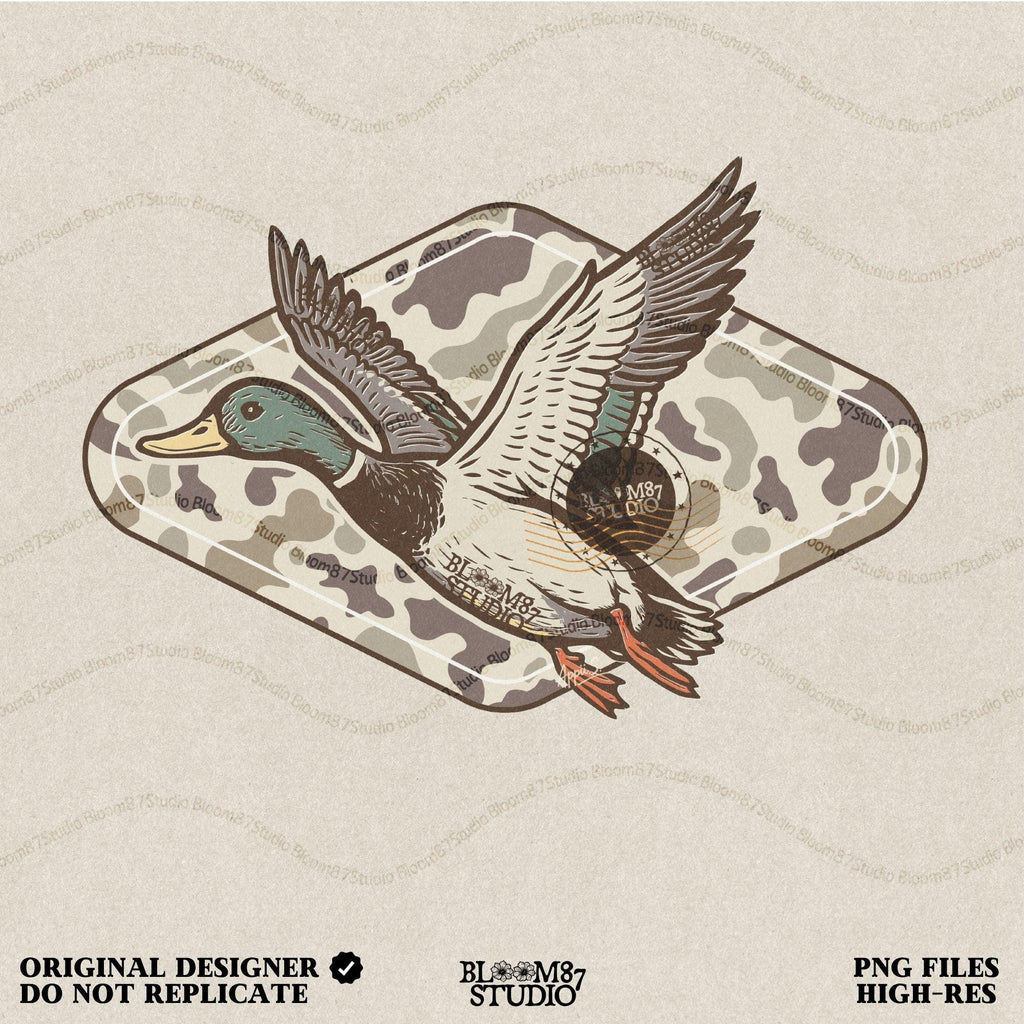 Flying mallard duck over old-school marsh camouflage background, designed in vintage hunting style for southern outdoorsman-themed crafts.