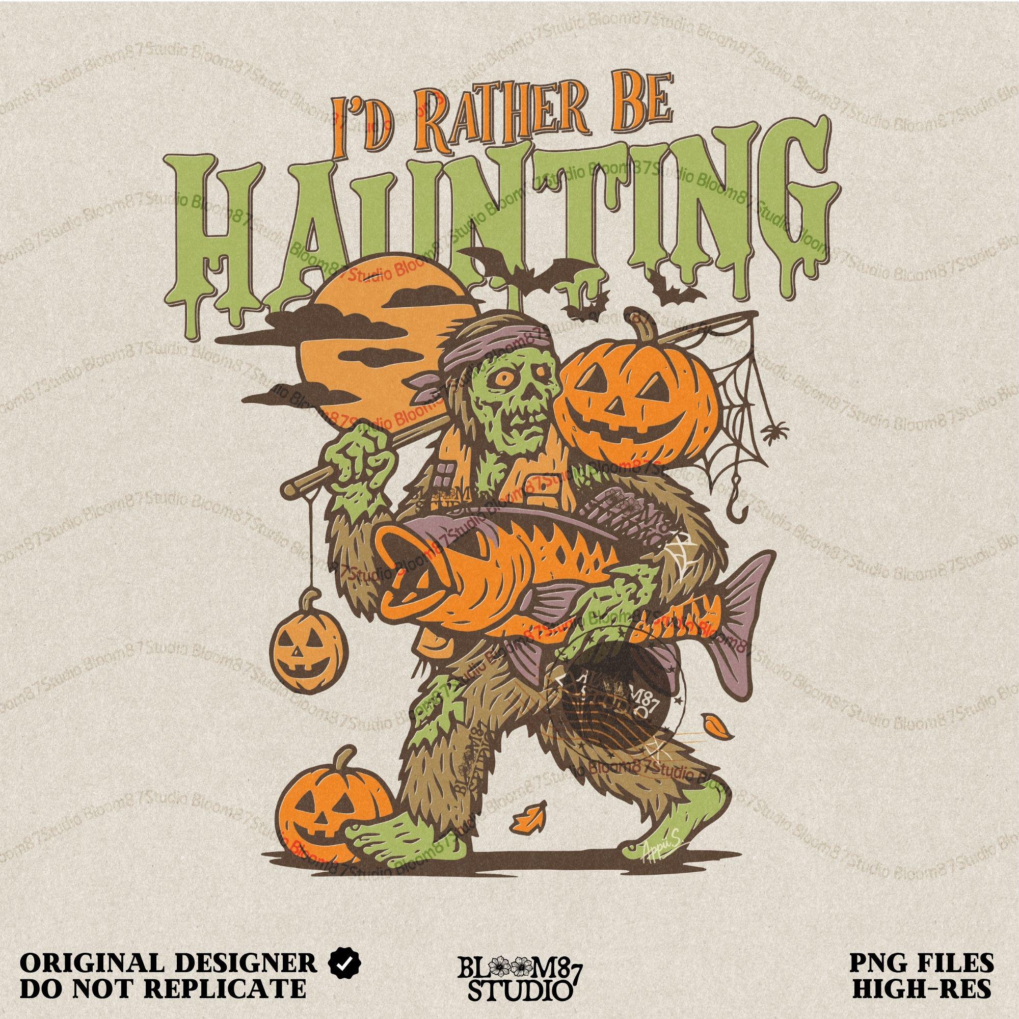 Zombie fisherman walking with a giant bass fish and jack-o’-lanterns, surrounded by bats and full moon, Halloween-themed sublimation clipart.