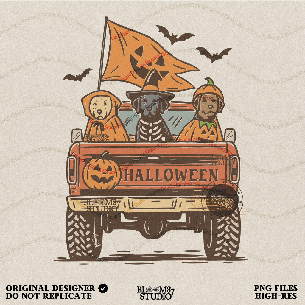 Halloween PNG of three dogs in Halloween costumes riding in a vintage truck with pumpkin flags and bats flying in the background.