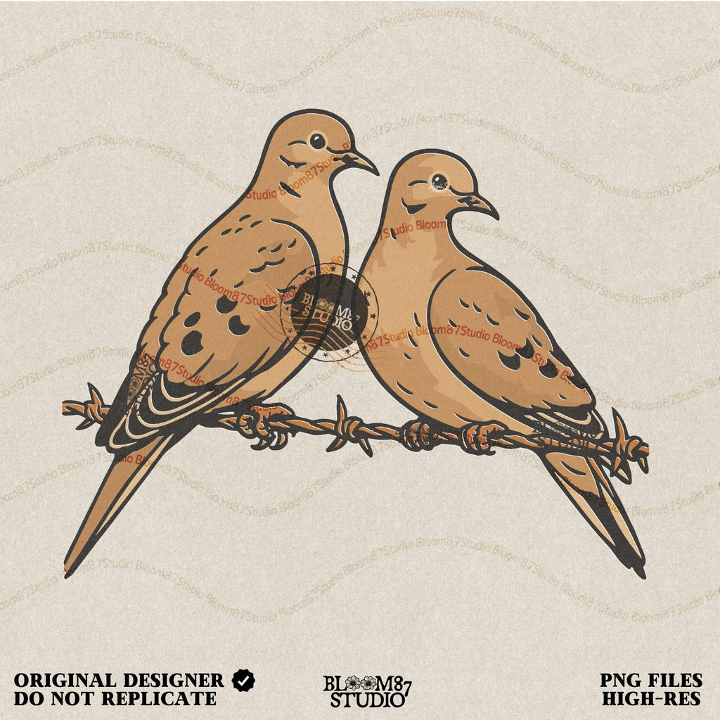 Two mourning doves perched on barbed wire, detailed rustic-style illustration, perfect for hunting season or southern country sublimation crafts.